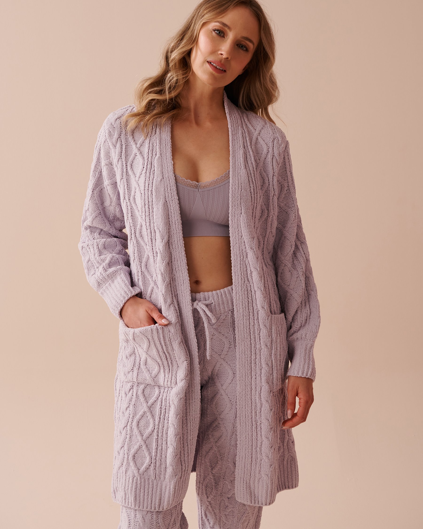 LA VIE EN ROSE Cable-Knit Chenille Cardigan Evening Haze 50500013 - View1