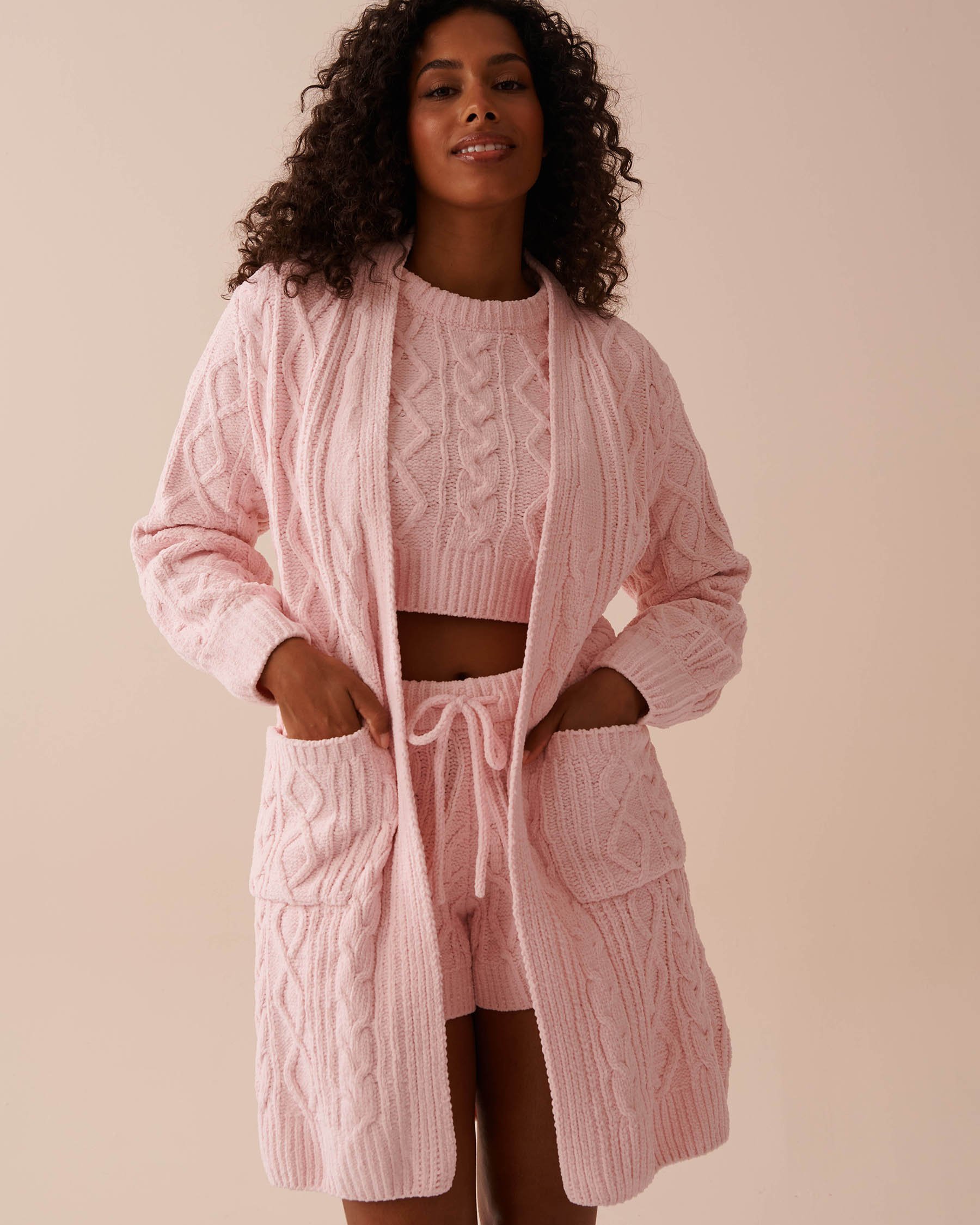 LA VIE EN ROSE Cable-Knit Chenille Cardigan Light Pink 50500013 - View1