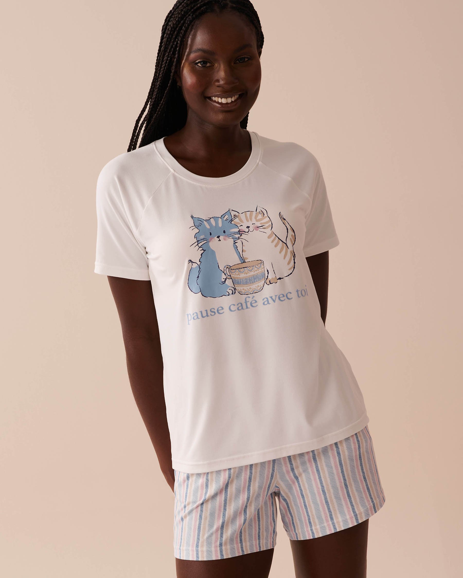 LA VIE EN ROSE T-shirt ultra doux à imprimé chat Blanc 40100624 - View1