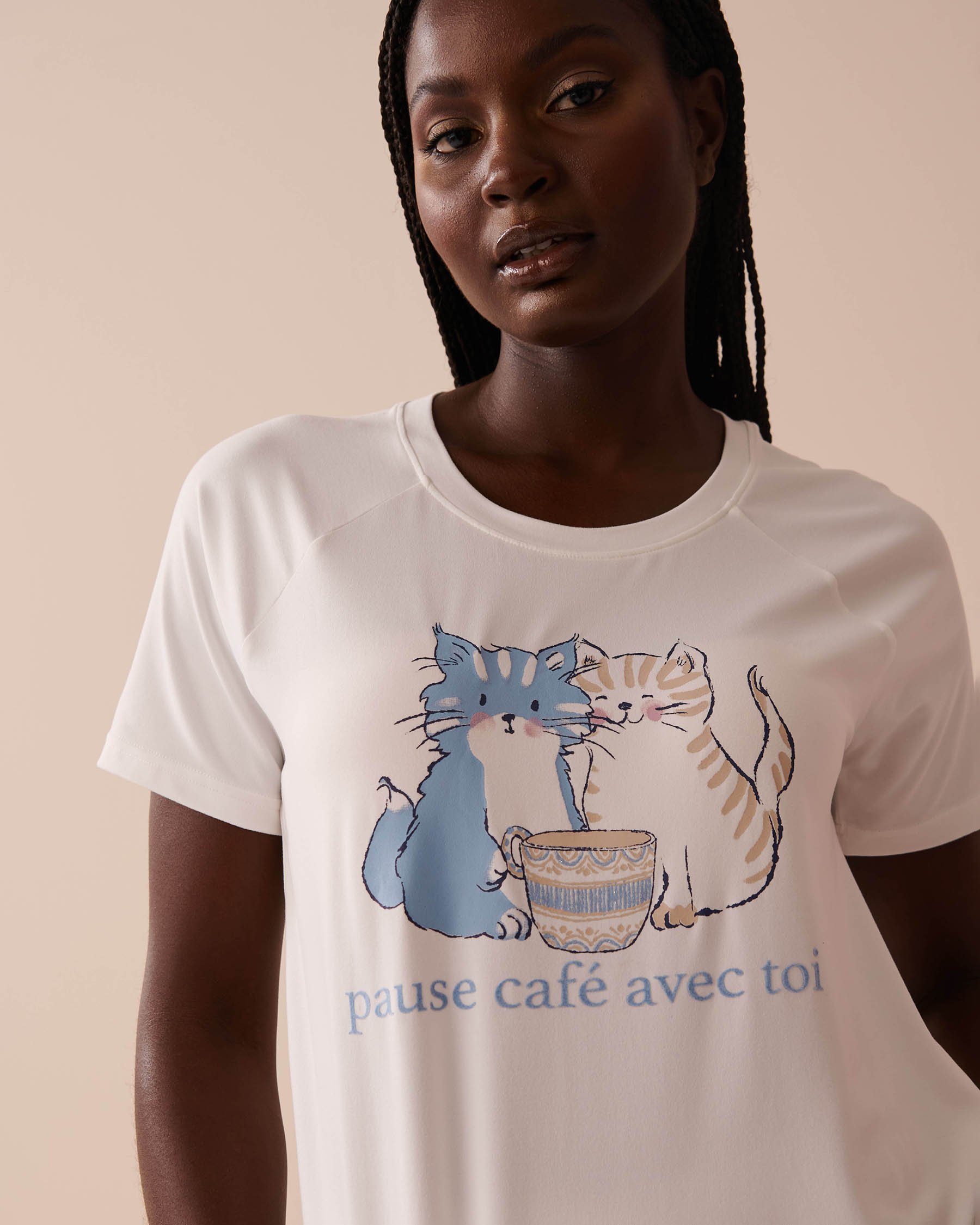 LA VIE EN ROSE T-shirt ultra doux à imprimé chat Blanc 40100624 - View3