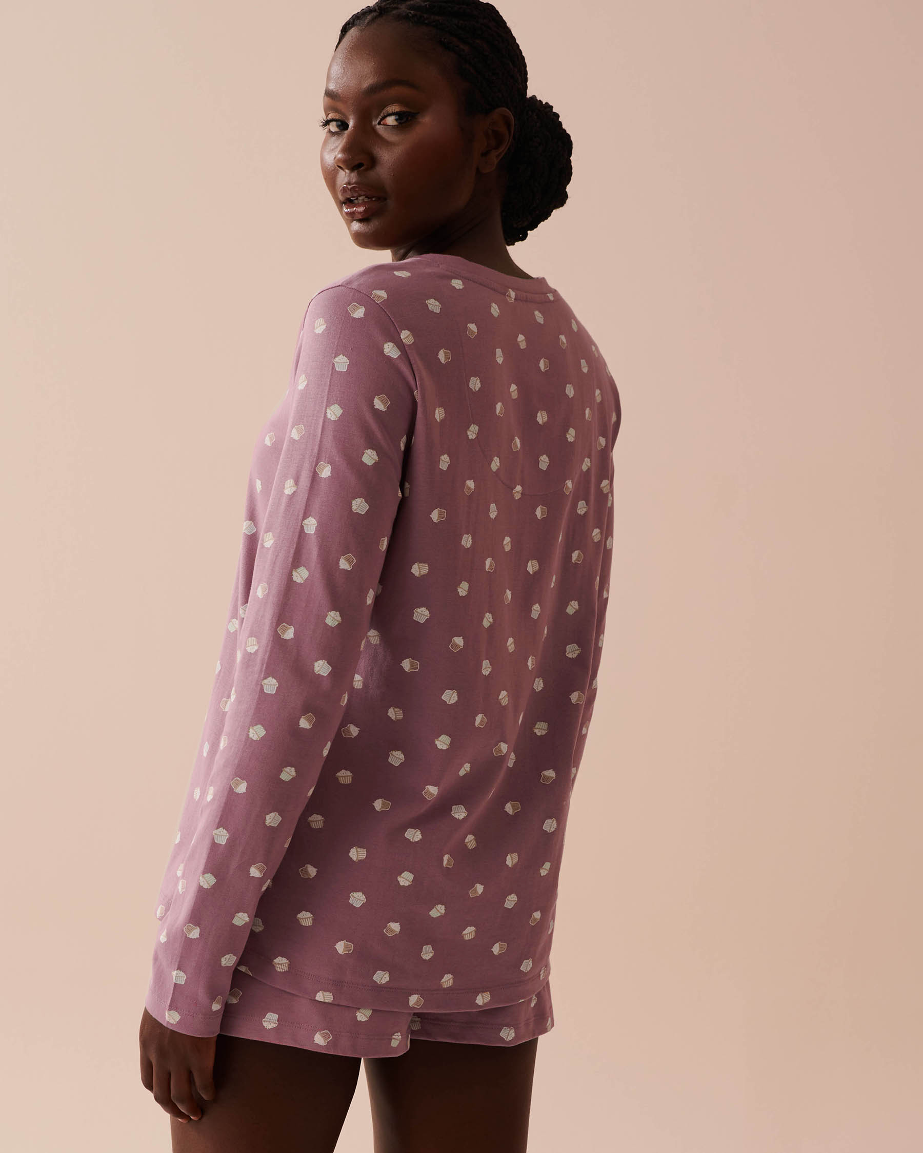 LA VIE EN ROSE Cupcake Print Cotton Long Sleeve Henley Shirt Cupcake Print 40100613 - View2