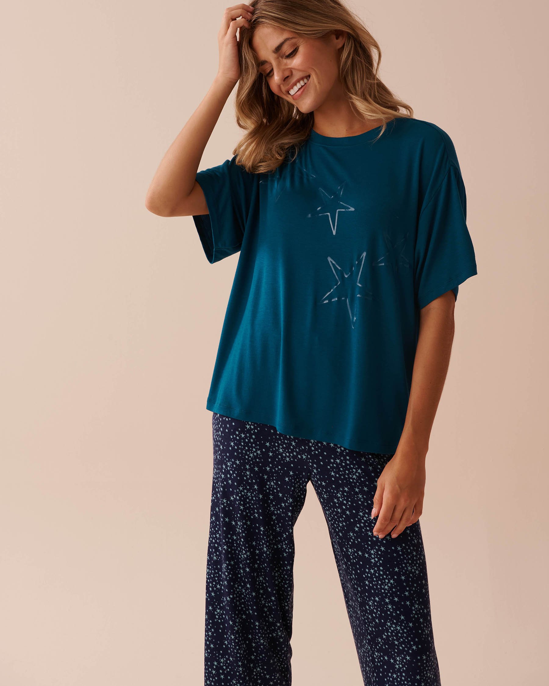 LA VIE EN ROSE Chandail manches courtes tombantes en jersey doux Bleu mer 40100628 - Voir1