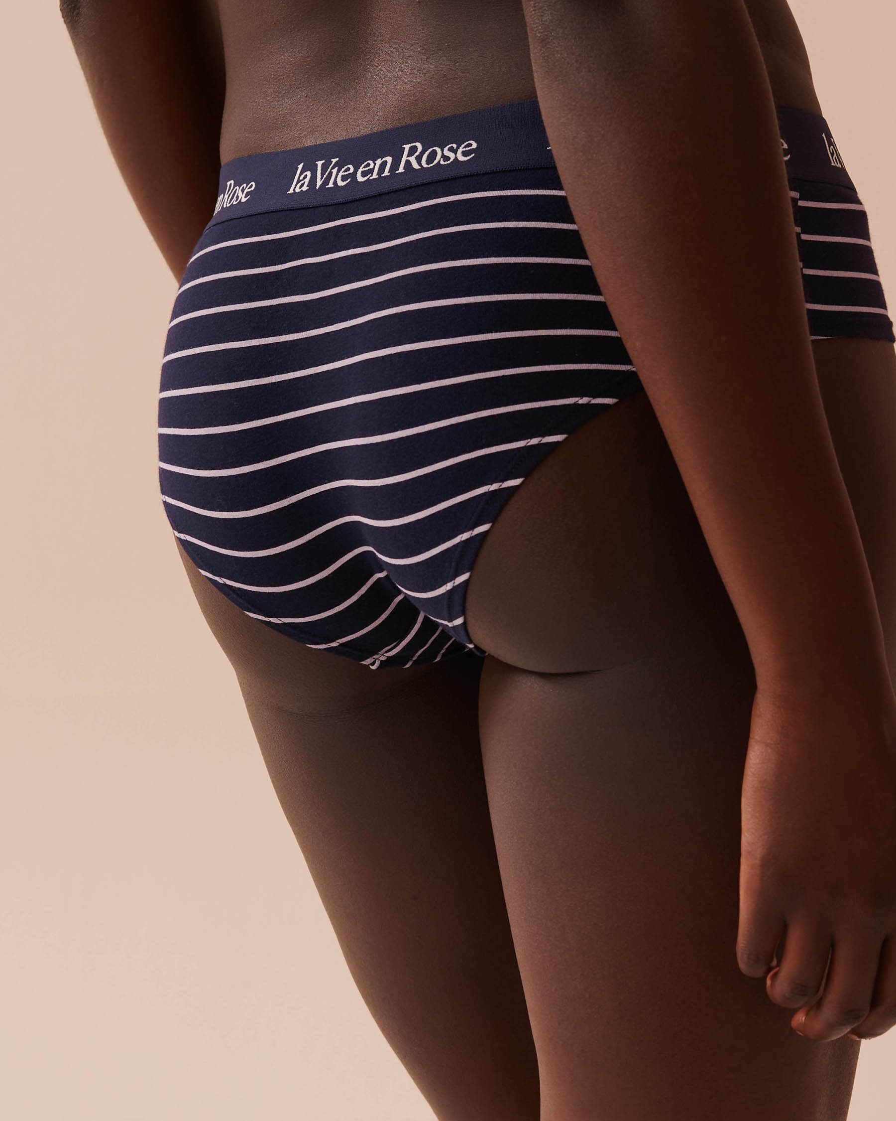 LA VIE EN ROSE Cotton and Logo Elastic Band Hiphugger Panty Navy Stripes 20100493 - View2