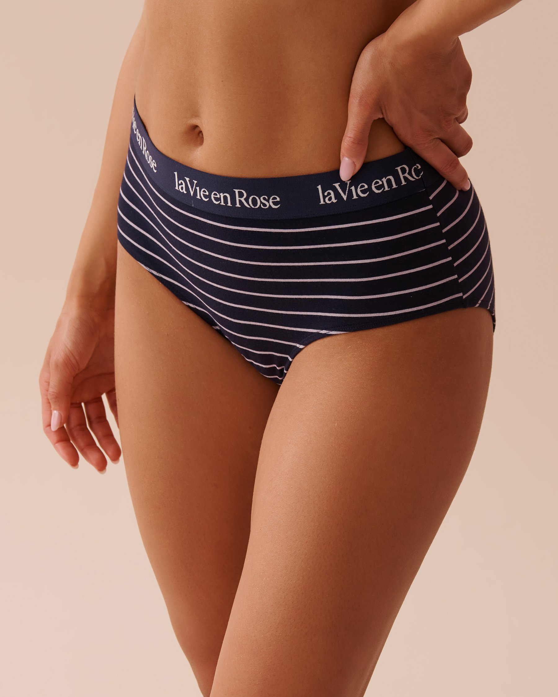 LA VIE EN ROSE Cotton and Logo Elastic Band High Waist Bikini Panty Navy Stripes 20100494 - View1