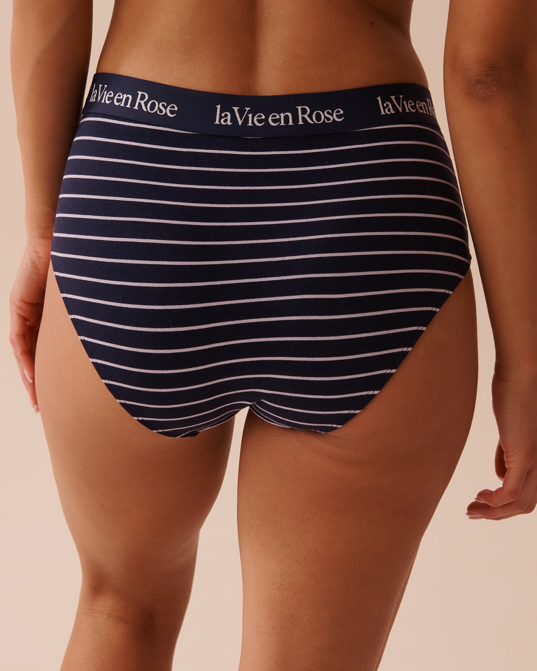 LA VIE EN ROSE Cotton and Logo Elastic Band High Waist Bikini Panty Navy Stripes 20100494 - View2