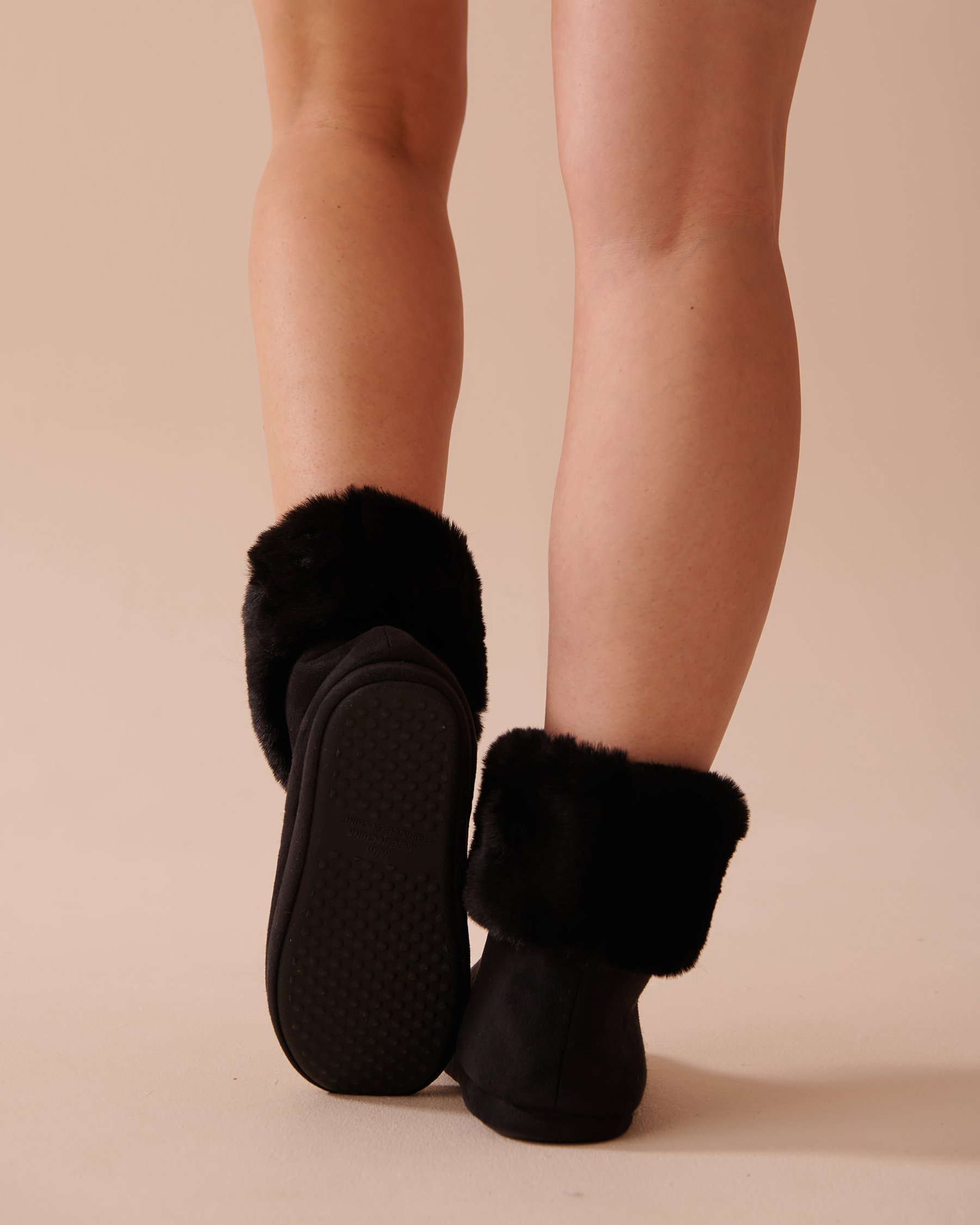 LA VIE EN ROSE Faux Suede and Faux Fur Bootie Slippers Classic Black 40700362 - View2