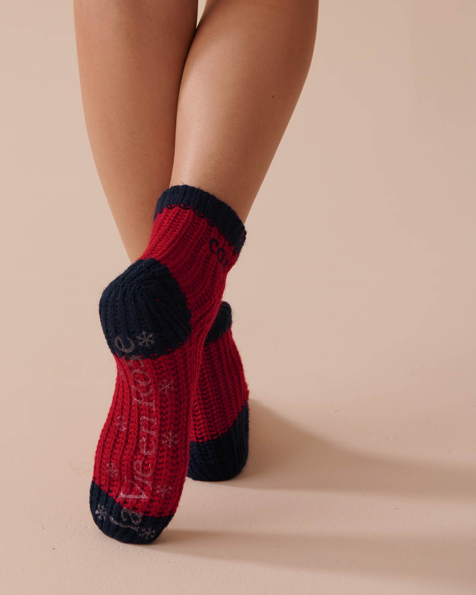 LA VIE EN ROSE Bas en tricot avec broderie hivernale Rouge sucre d'orge 40700366 - Voir2