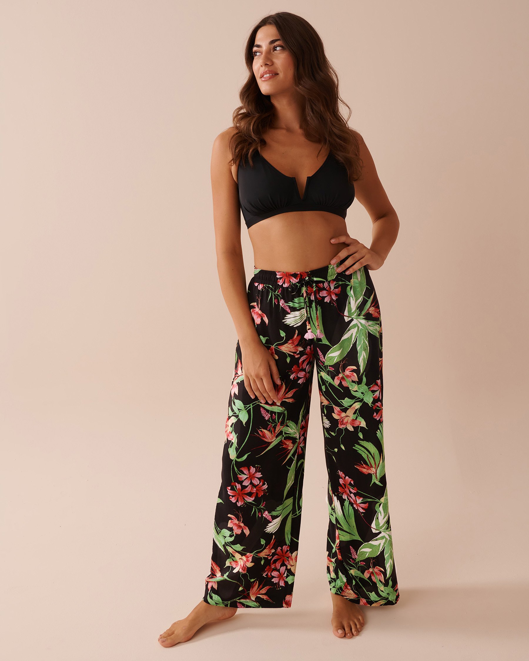 LA VIE EN ROSE AQUA Pantalon jambe large à imprimé tropical Retraite tropicale 80200055 - Voir1