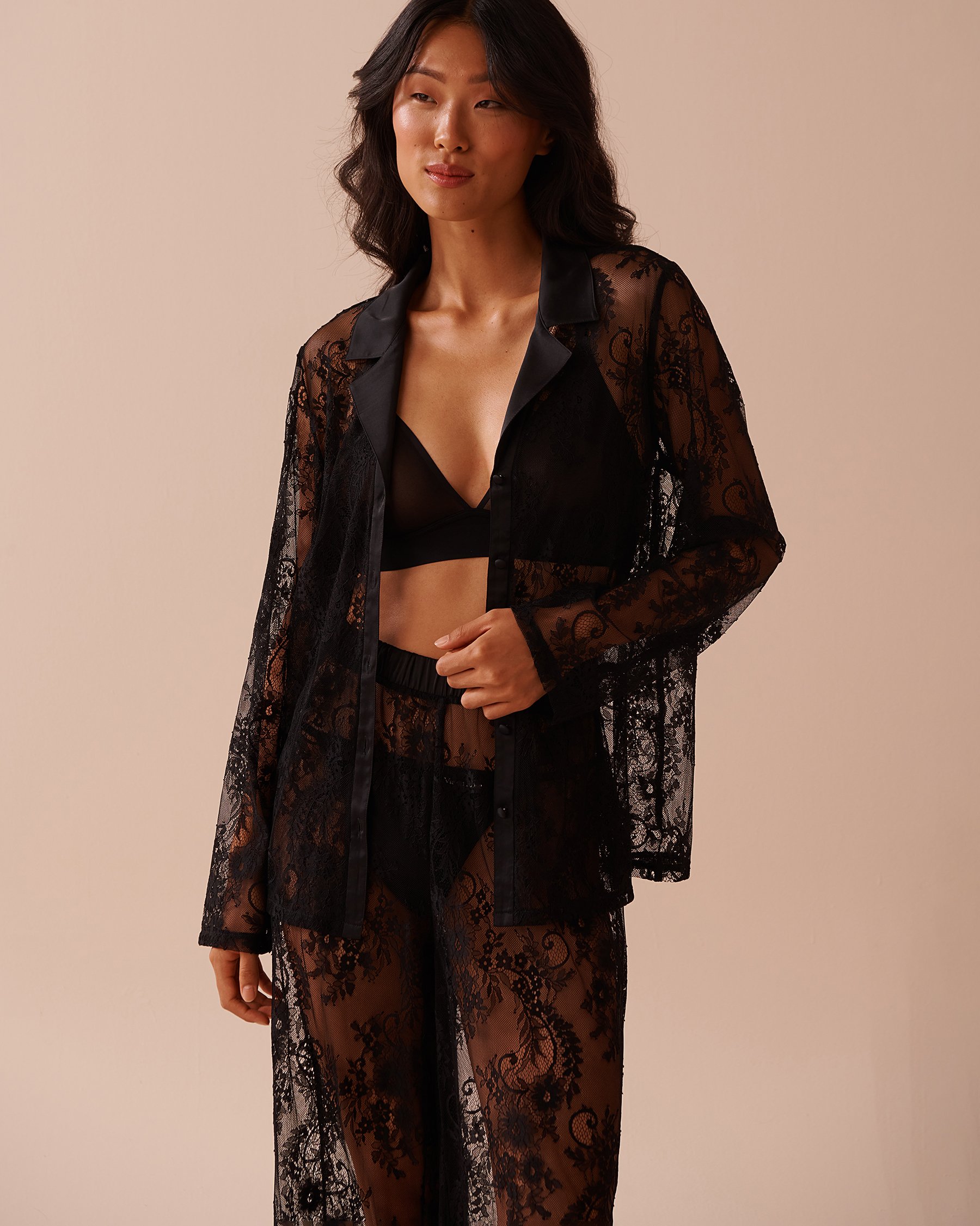LA VIE EN ROSE Sheer Lace Long Sleeve Button-down Shirt Classic Black 60100115 - View4