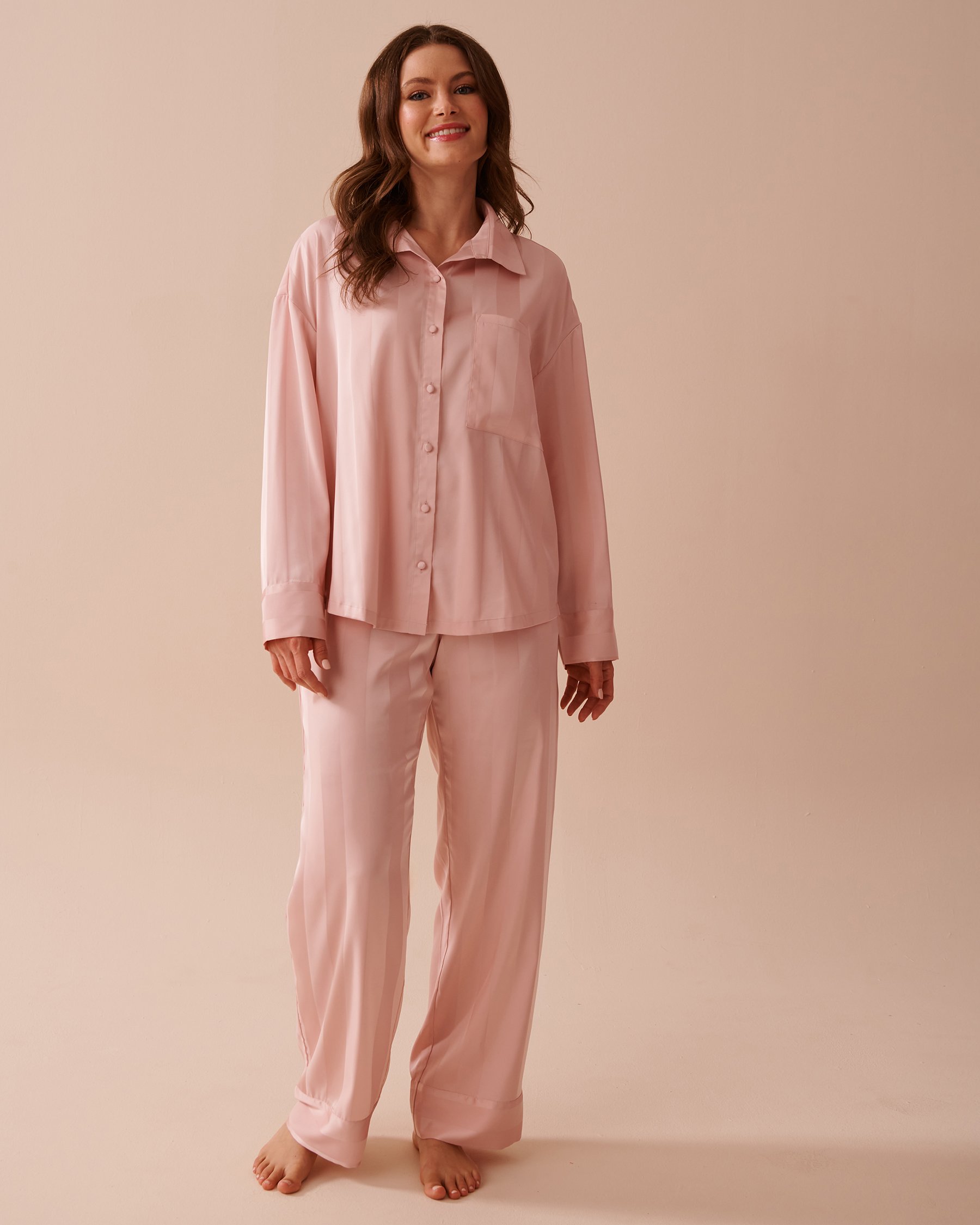 LA VIE EN ROSE Jacquard Stripe Satin Pajama Set Fairy Pink Stripes 60400047 - View4