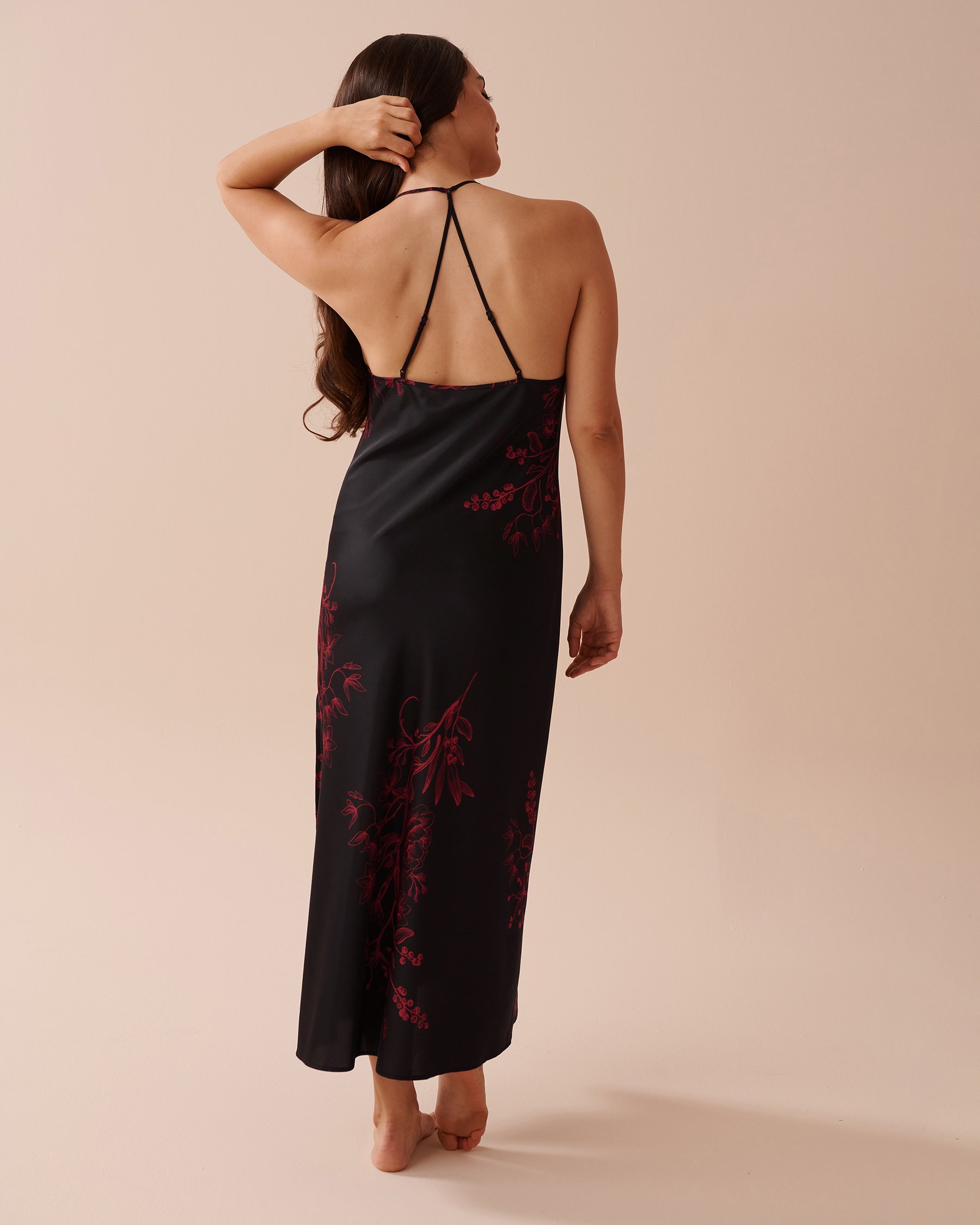 LA VIE EN ROSE Dark Floral Print Long Satin Nightie Black Mystic Garden 60500168 - View2