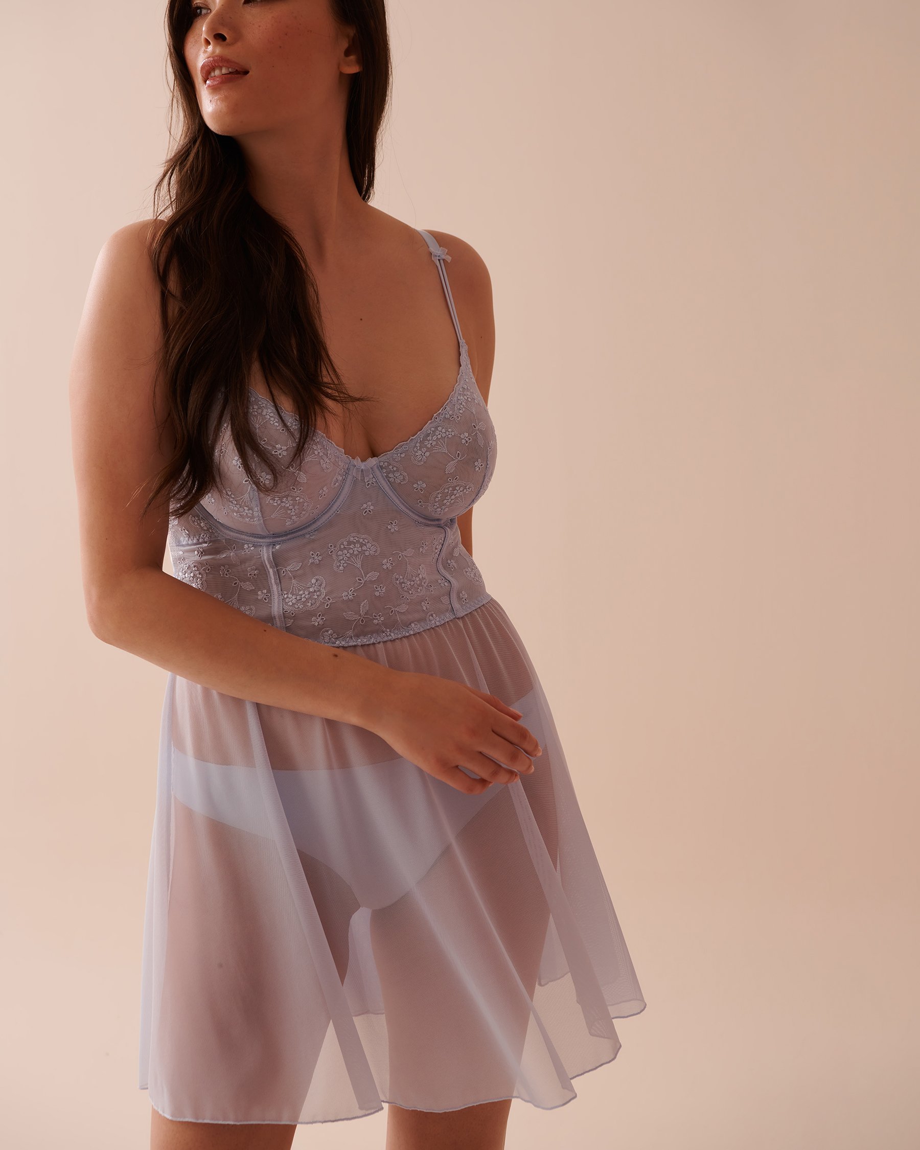 LA VIE EN ROSE Embroidered Mesh Nightie Icy Blue 60500164 - View5