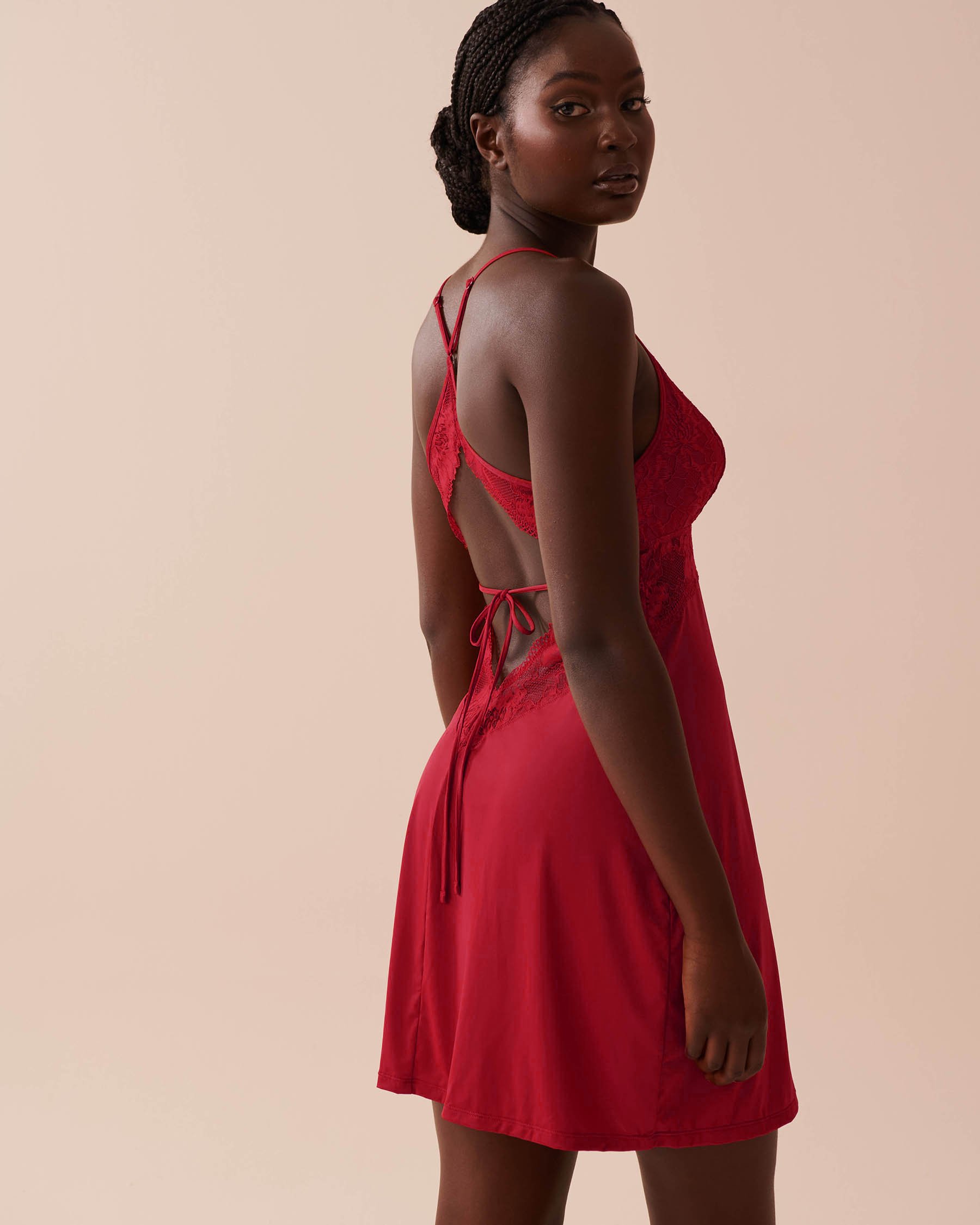 LA VIE EN ROSE Open-Back Microfiber and Lace Nightie Candy Cane Red 60500167 - View2