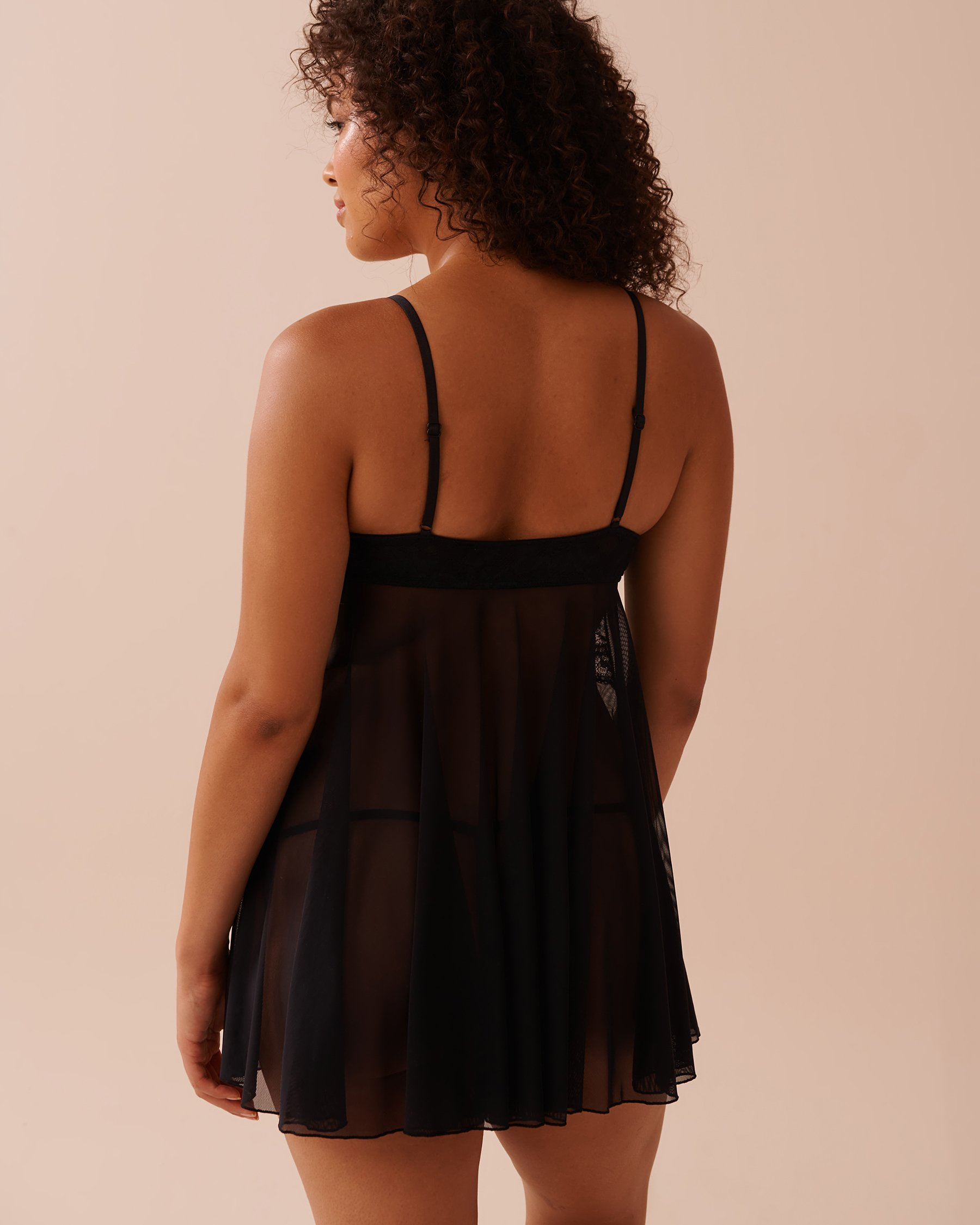 LA VIE EN ROSE Babydoll ouvert en dentelle et résille avec nœud en satin Noir classique 60500165 - View2