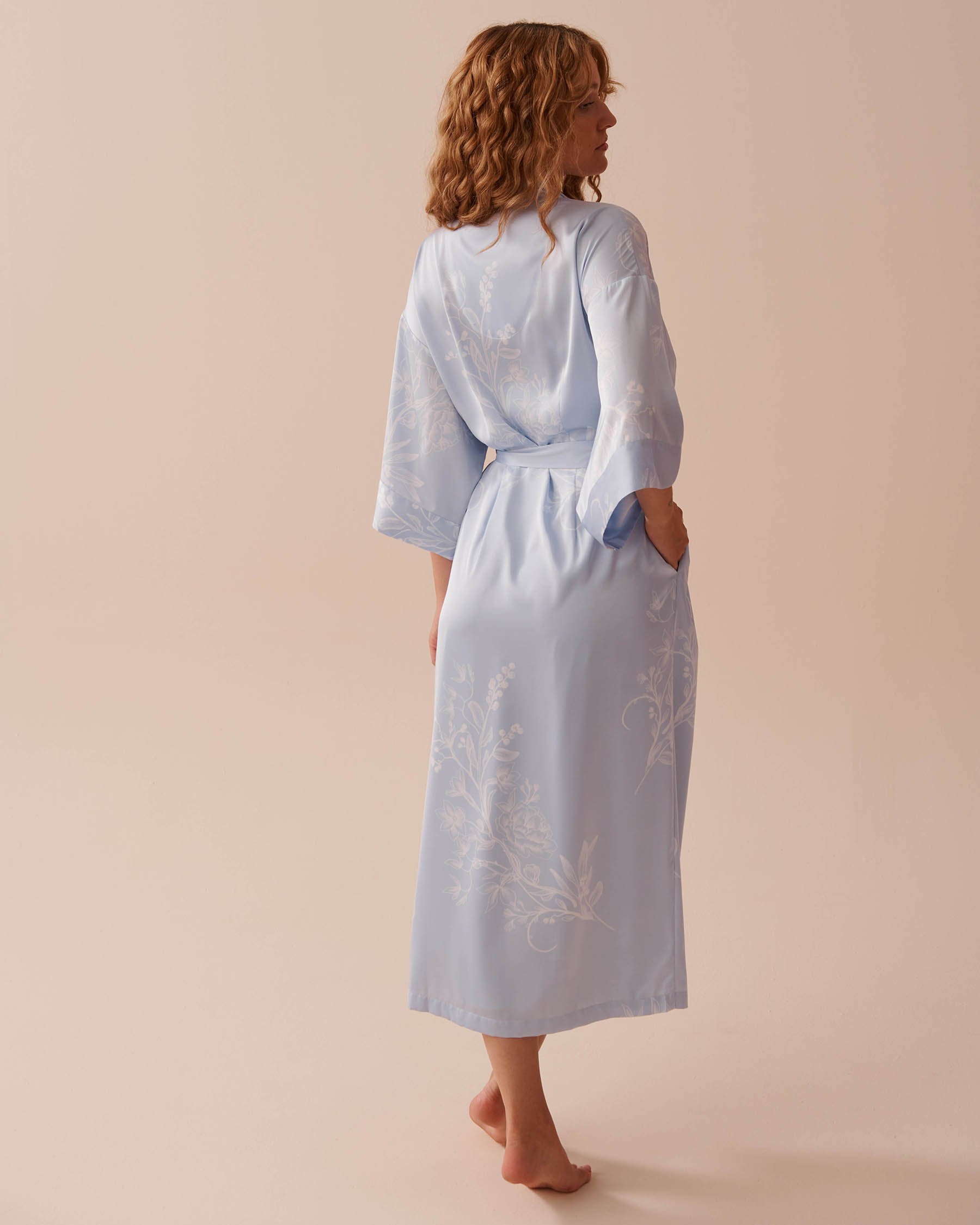 LA VIE EN ROSE Pastel Floral Print Long Satin Kimono Icy Blue Garden 60600085 - View2
