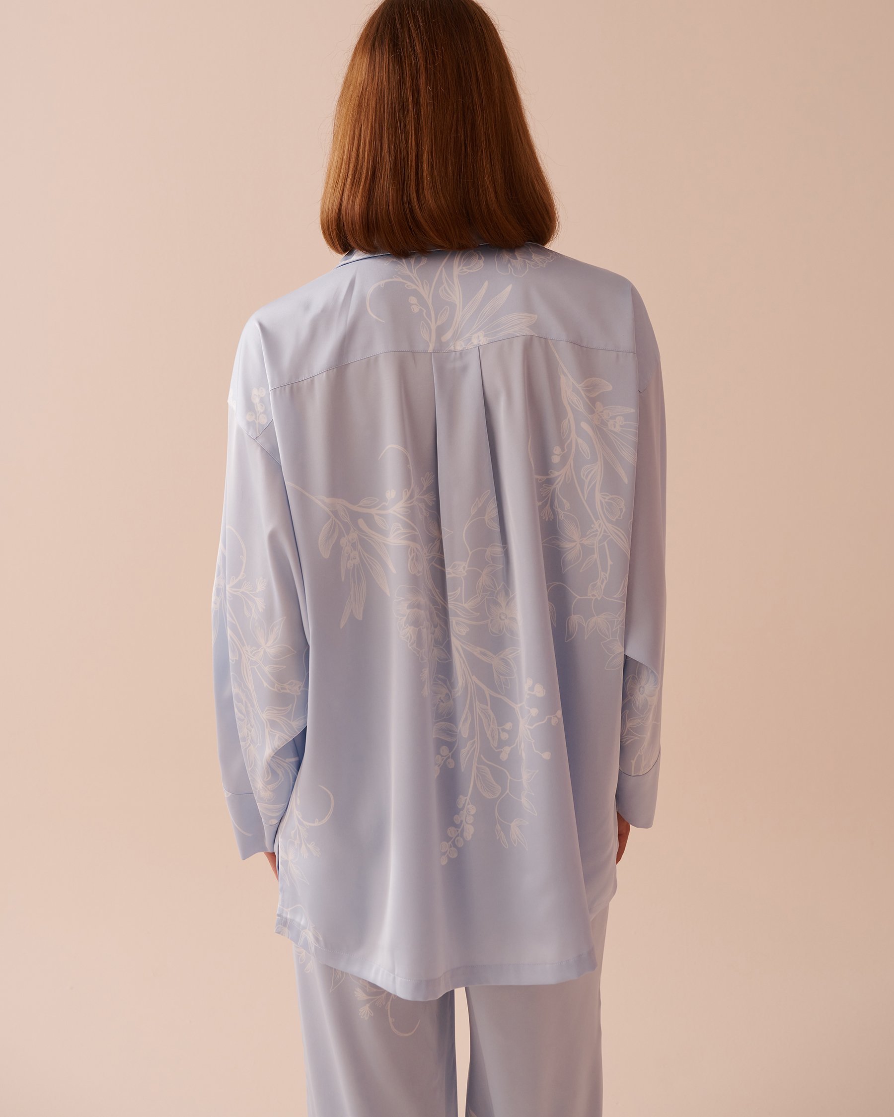 LA VIE EN ROSE Pastel Floral Print Satin Button-down Shirt Icy Blue Garden 60100117 - View2