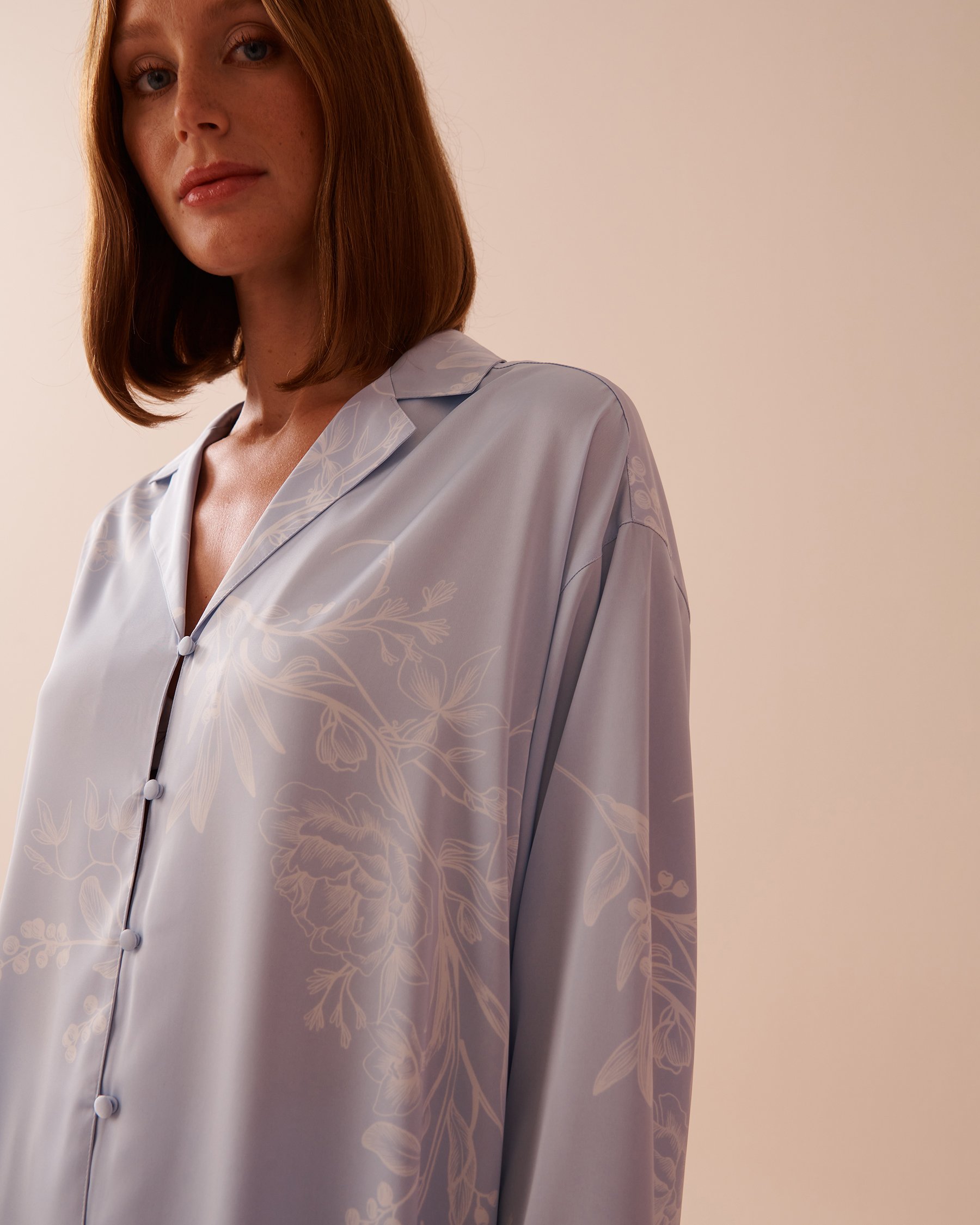 LA VIE EN ROSE Pastel Floral Print Satin Button-down Shirt Icy Blue Garden 60100117 - View3