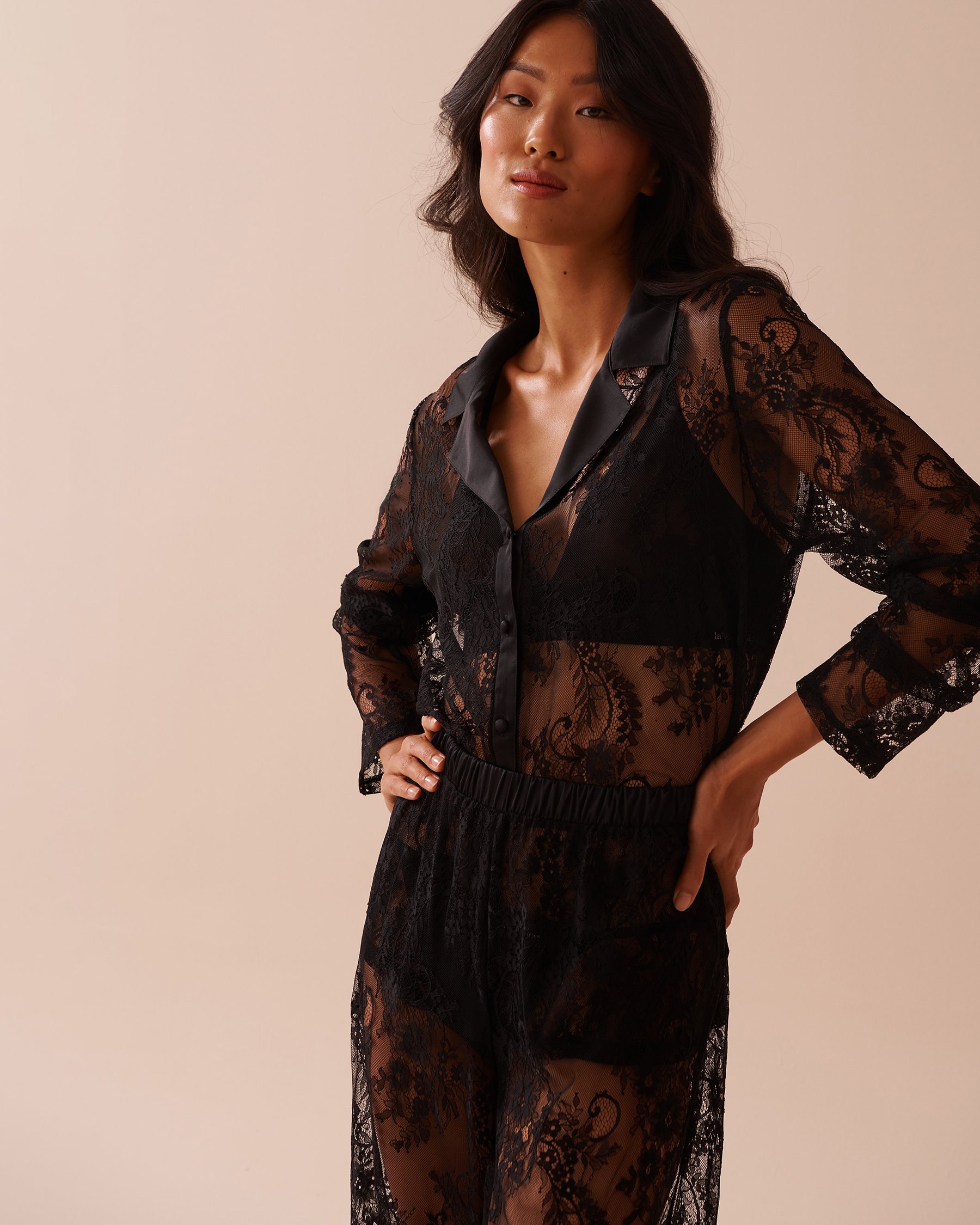 LA VIE EN ROSE Sheer Lace Long Sleeve Button-down Shirt Classic Black 60100115 - View5