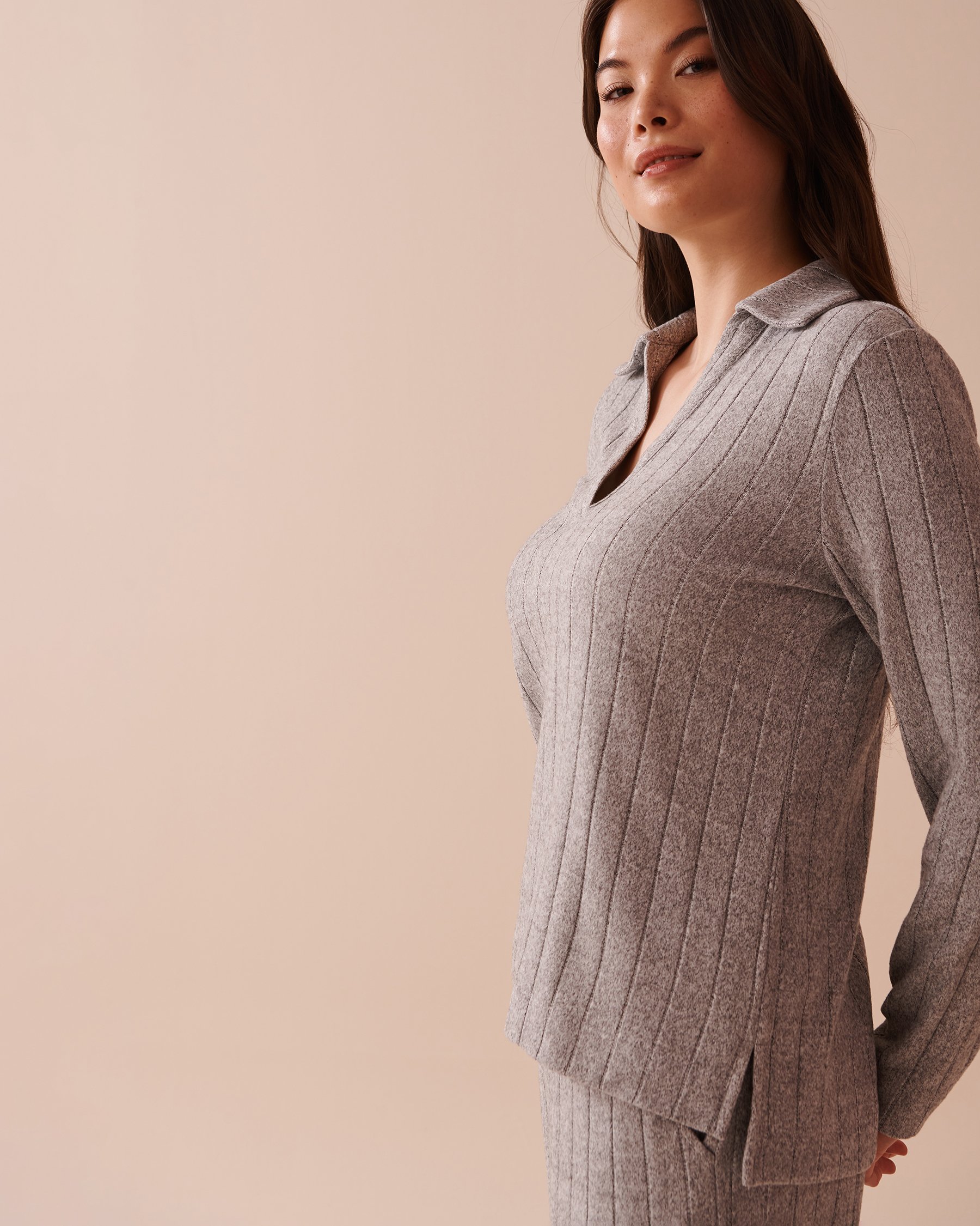 LA VIE EN ROSE Ribbed Long Sleeve Shirt Grey 50100095 - View3