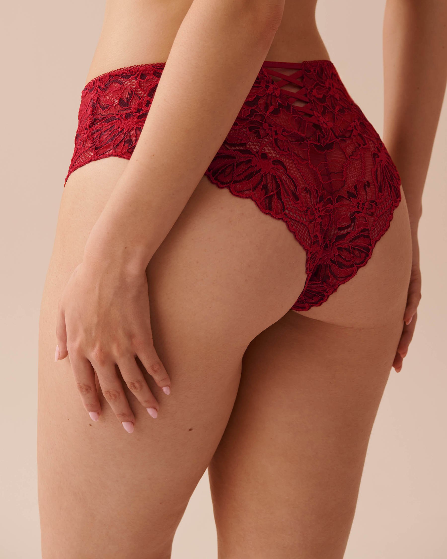 LA VIE EN ROSE Culotte cheeky taille haute en dentelle deux-tons Rouge sucre d'orge 20300350 - Voir3