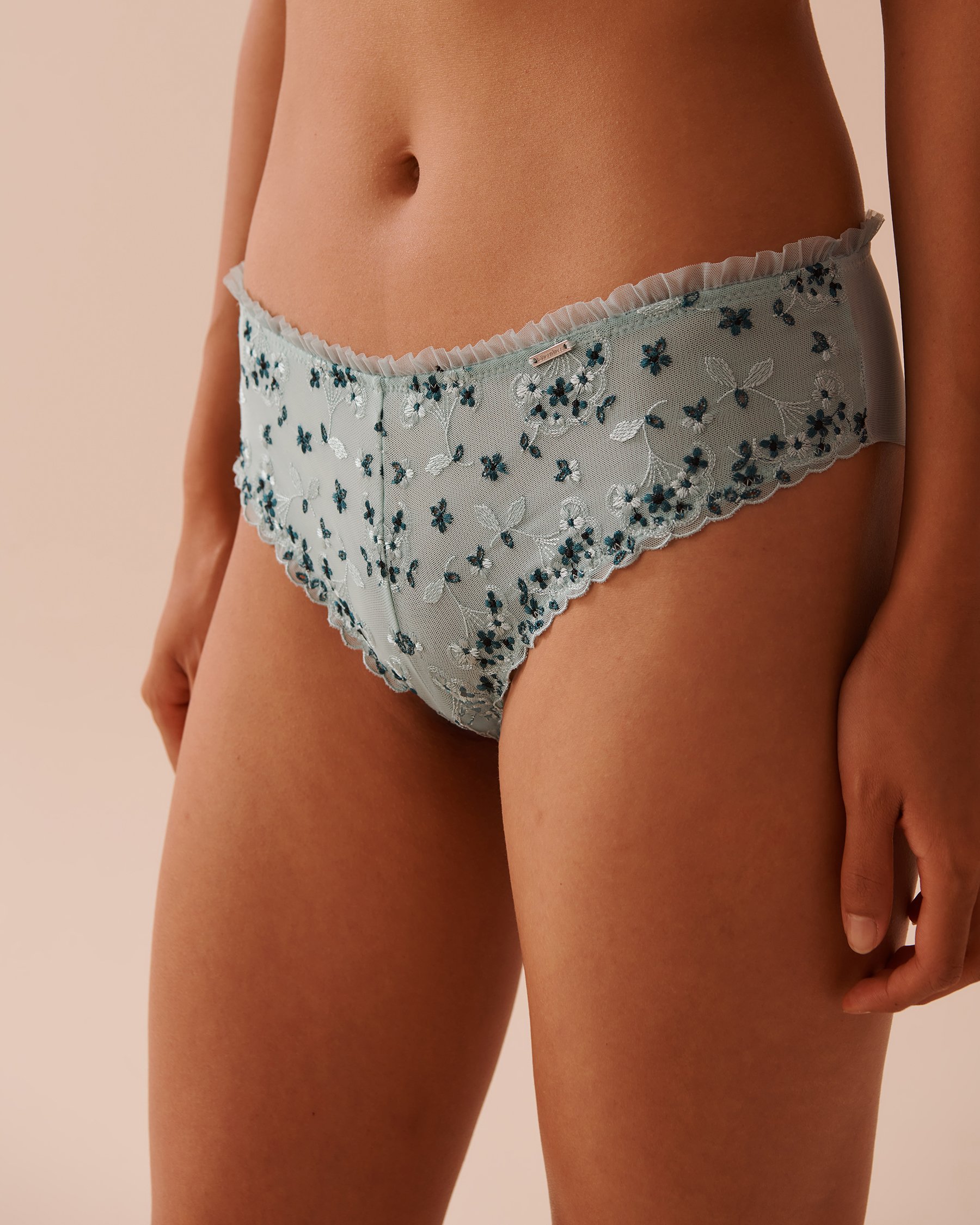 LA VIE EN ROSE Embroidered Mesh and Ruffle Cheeky Panty Mint Blue 20300353 - View5