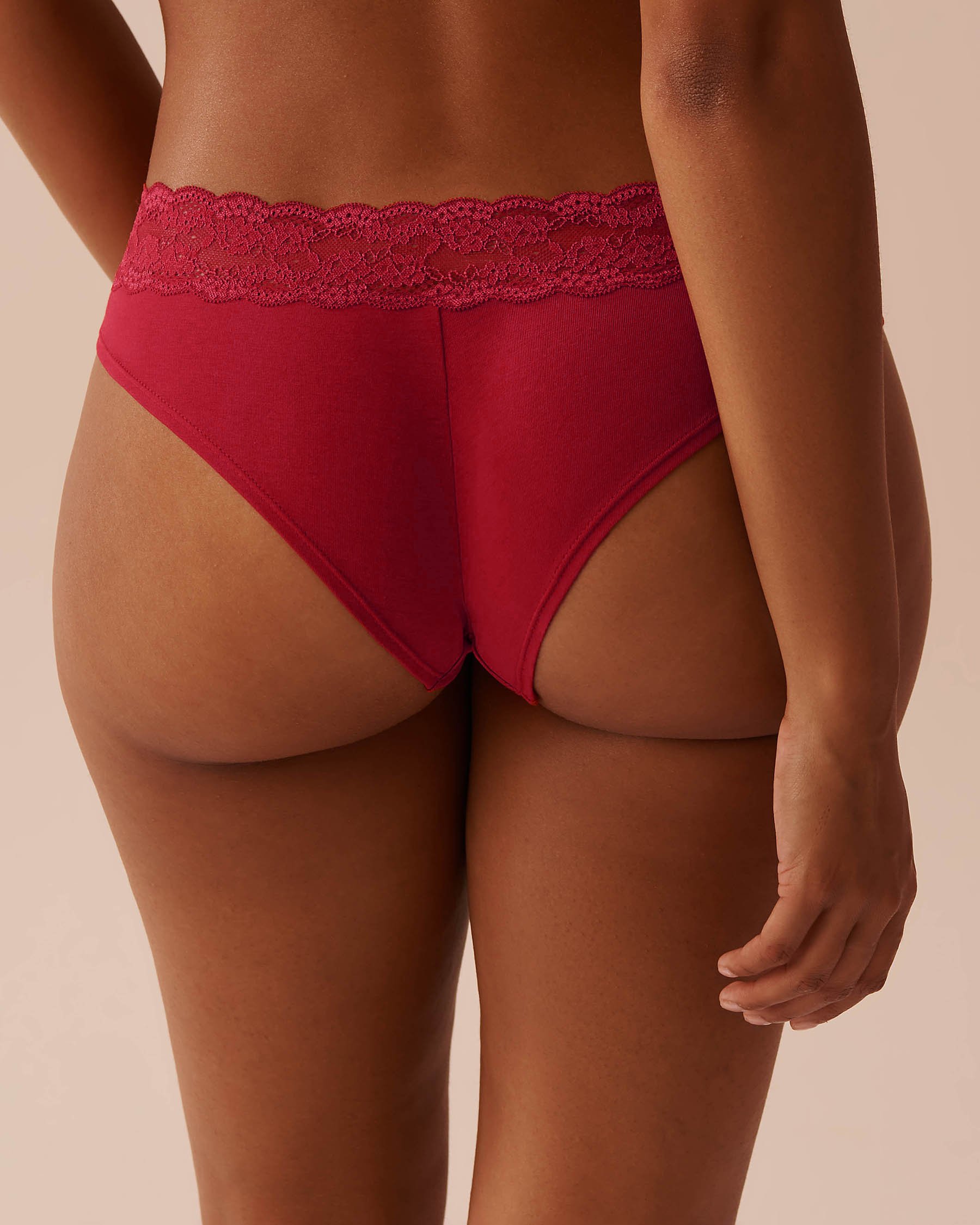 LA VIE EN ROSE Culotte cheeky coton et bande de dentelle Rouge sucre d'orge 20100511 - View2