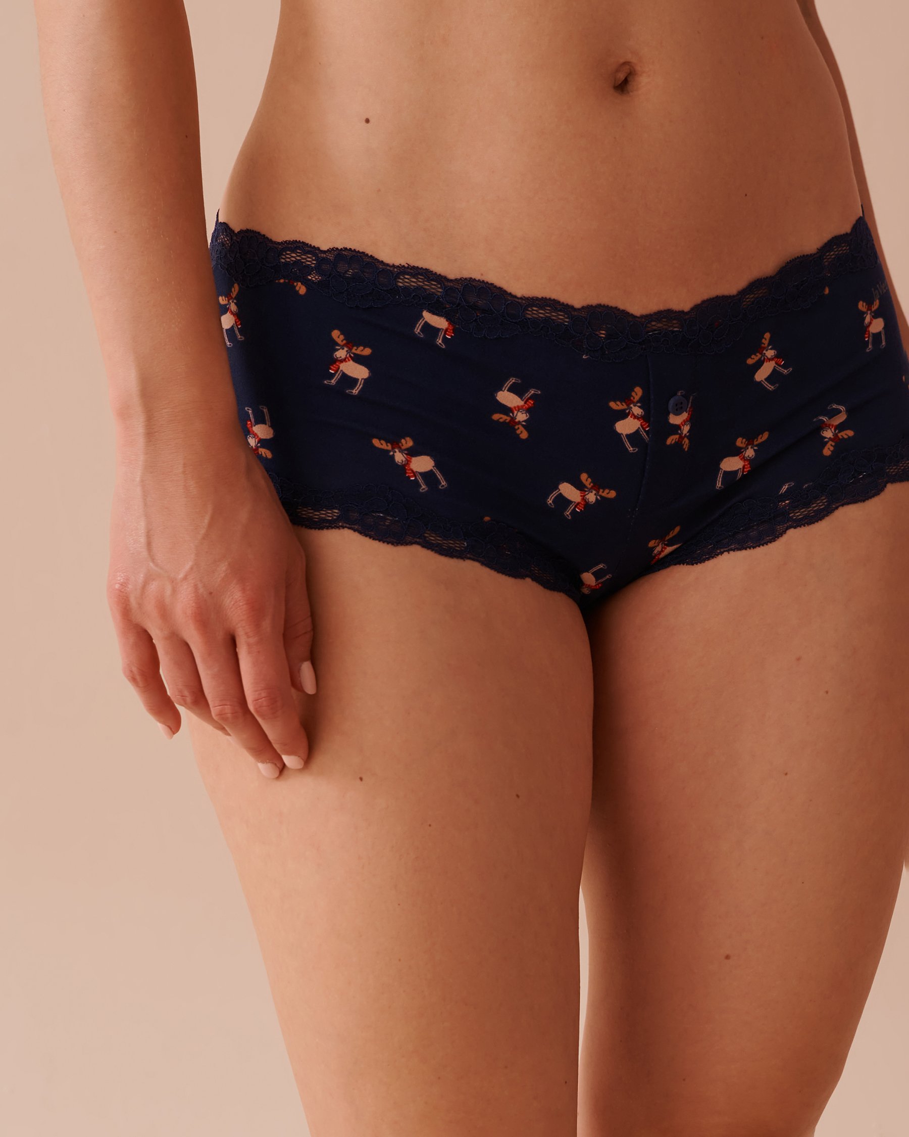 LA VIE EN ROSE Culotte garçonne ultra douce bordure de dentelle Orignal/Bleu nuit 20100532 - View3