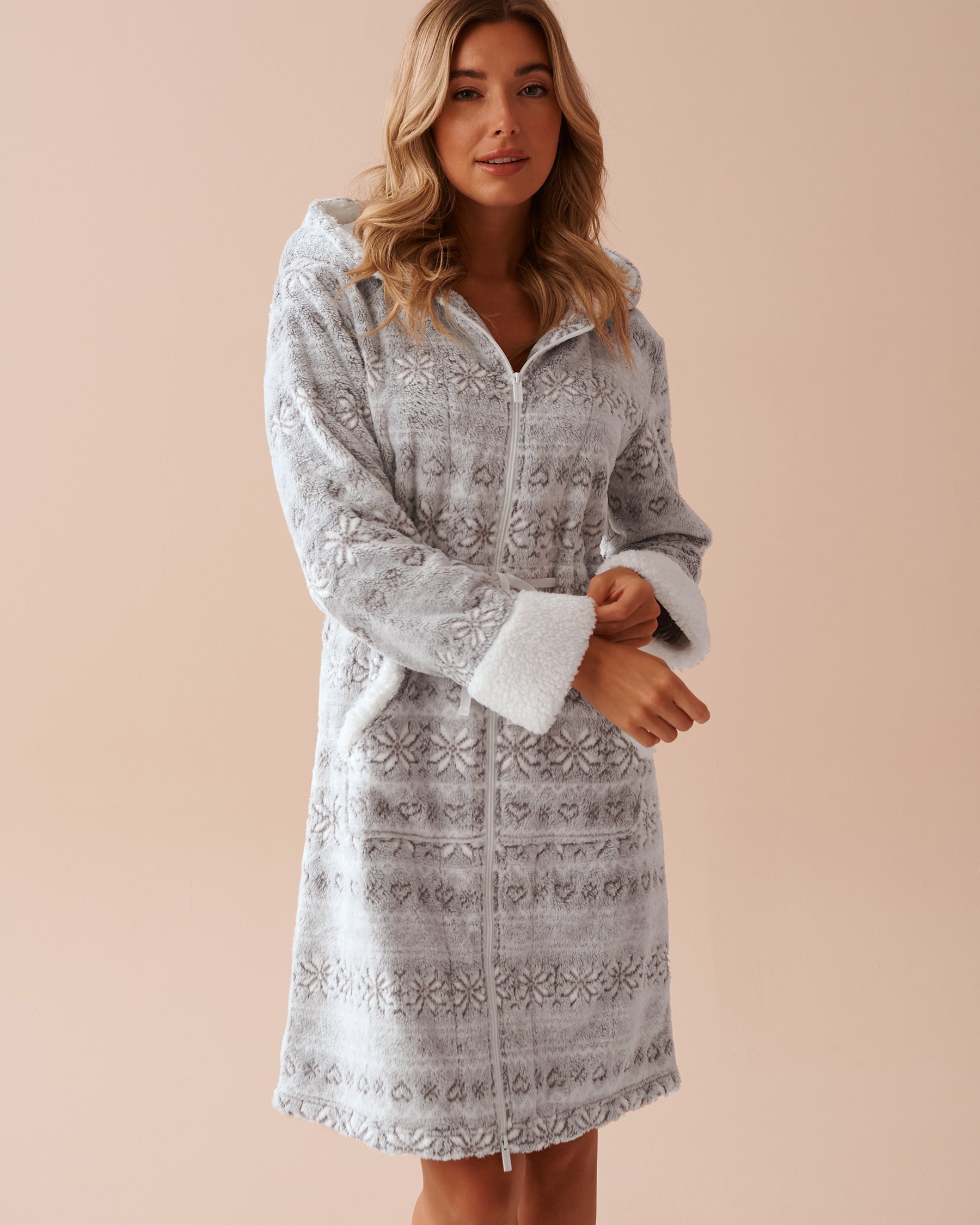 LA VIE EN ROSE Fair Isle Print Cable Knit Hooded Robe Grey Fair Isle Print 40600188 - View1