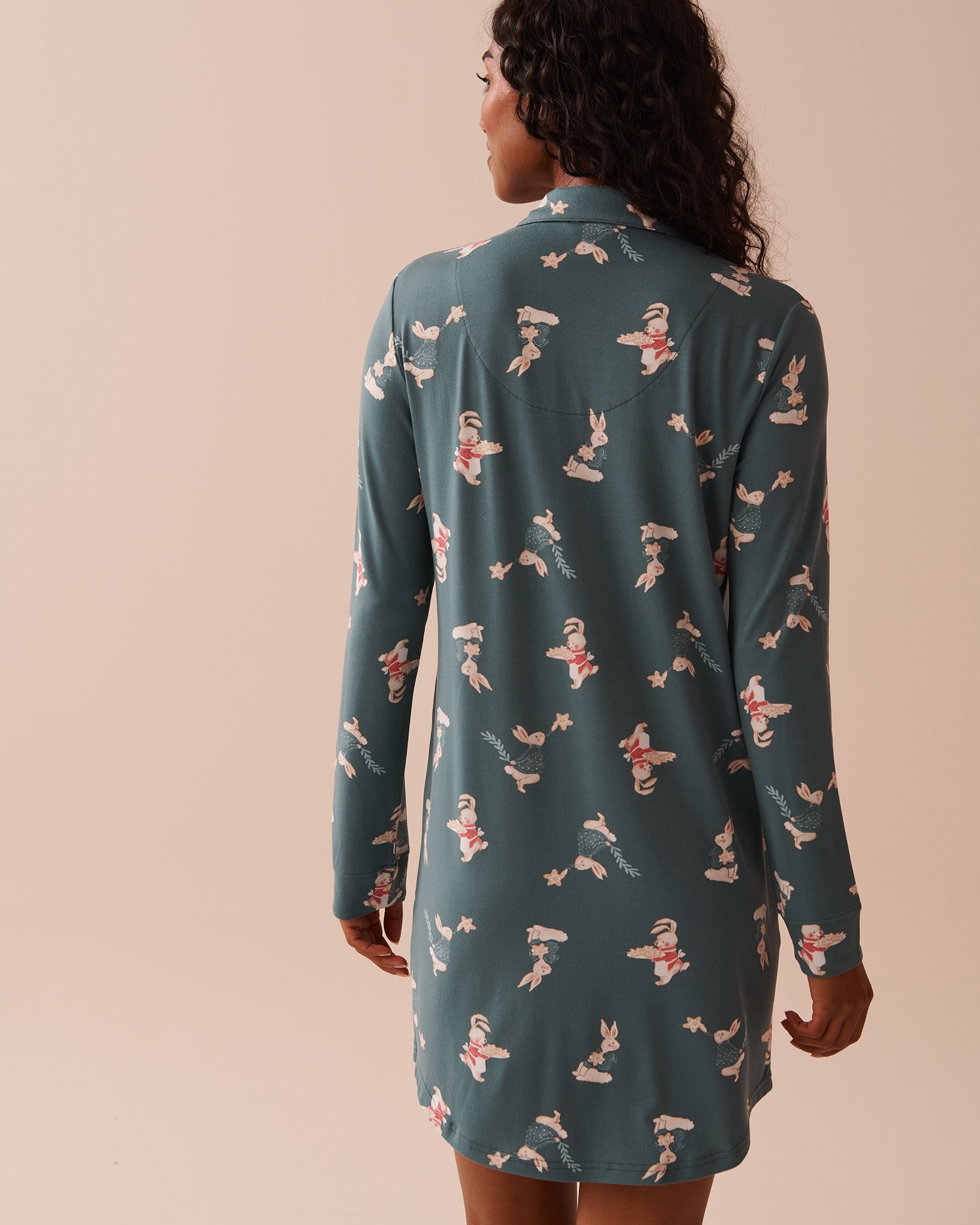 LA VIE EN ROSE Rabbit Print Super Soft Long Sleeve Sleepshirt Rabbit/Forest Green 40500396 - View4