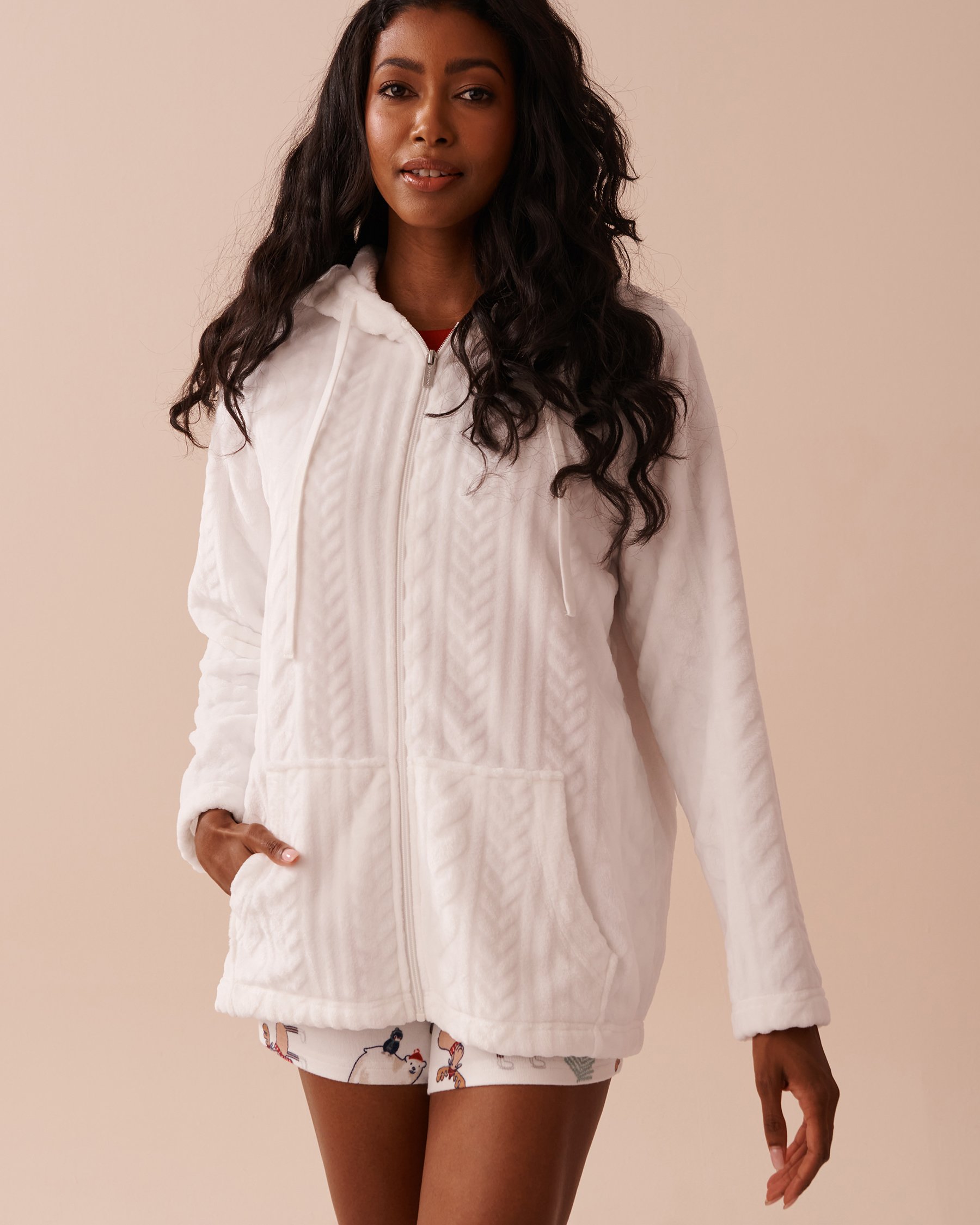 LA VIE EN ROSE Recycled Fibers Cable Effect Soft Hooded Cardigan Snow White 40600189 - View1