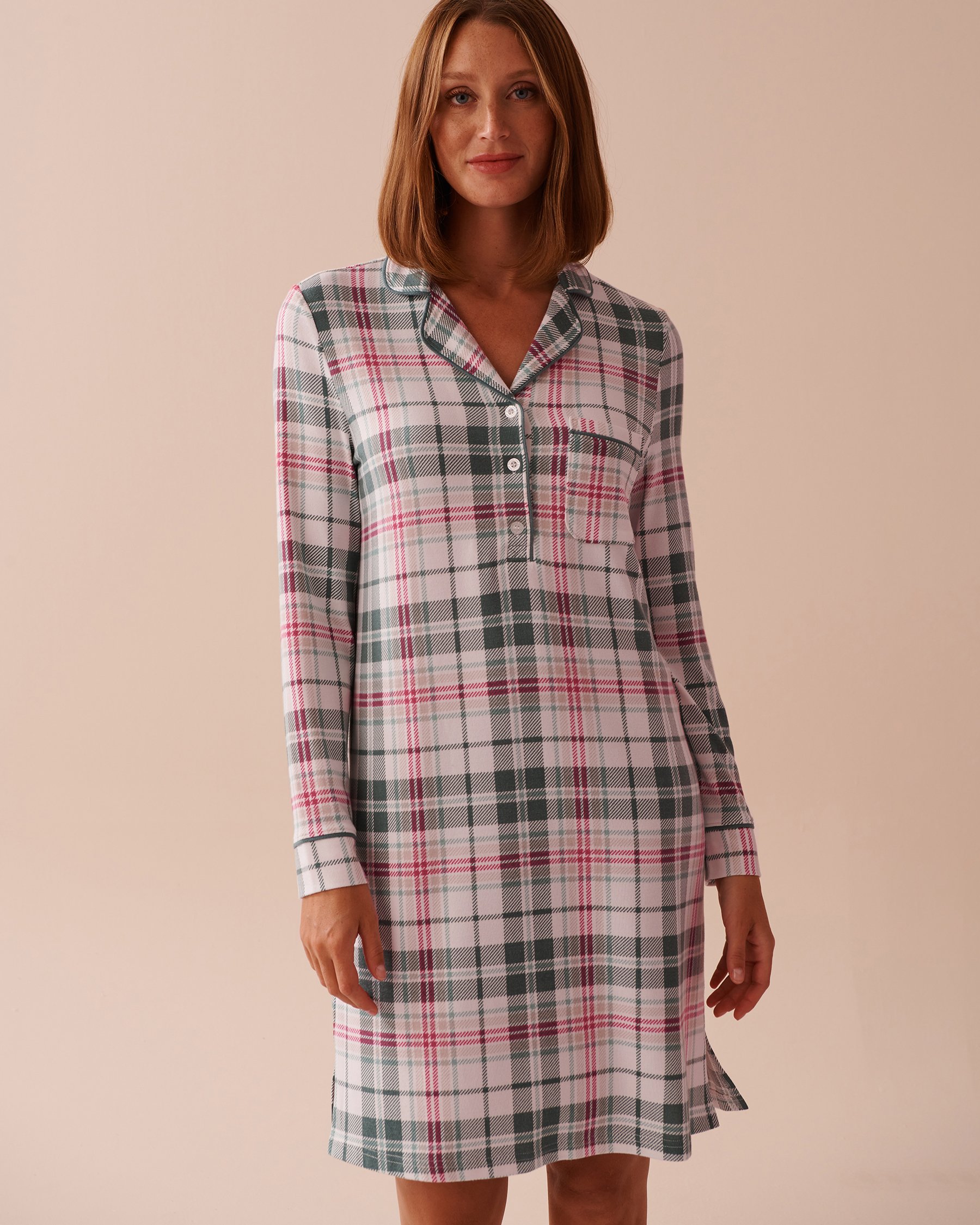 LA VIE EN ROSE Recycled Fibers Plaid Sleepshirt Green & White Plaid 40500399 - View1