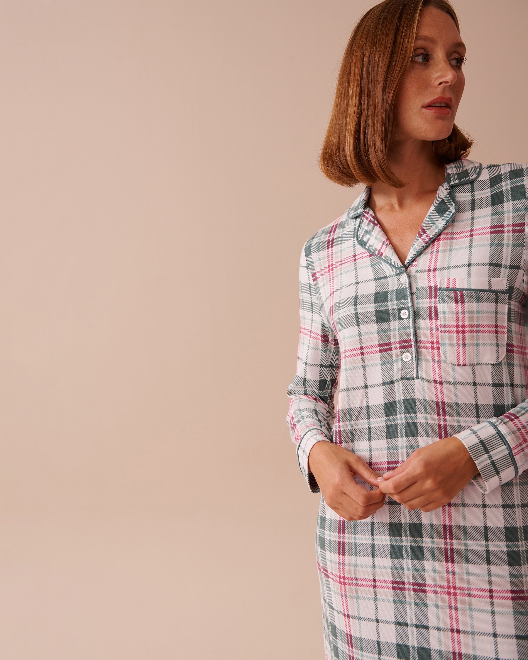 LA VIE EN ROSE Recycled Fibers Plaid Sleepshirt Green & White Plaid 40500399 - View3