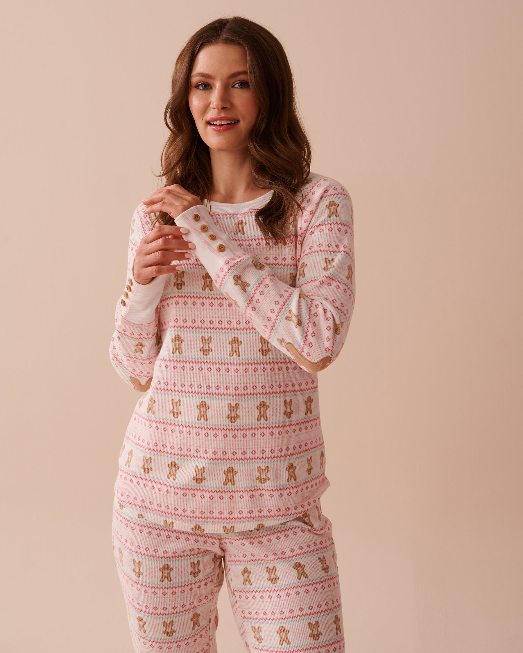 LA VIE EN ROSE Gingerbread Print Waffle Knit Long Sleeve Shirt Gingerbread/Fair Isle Print 40100641 - View3