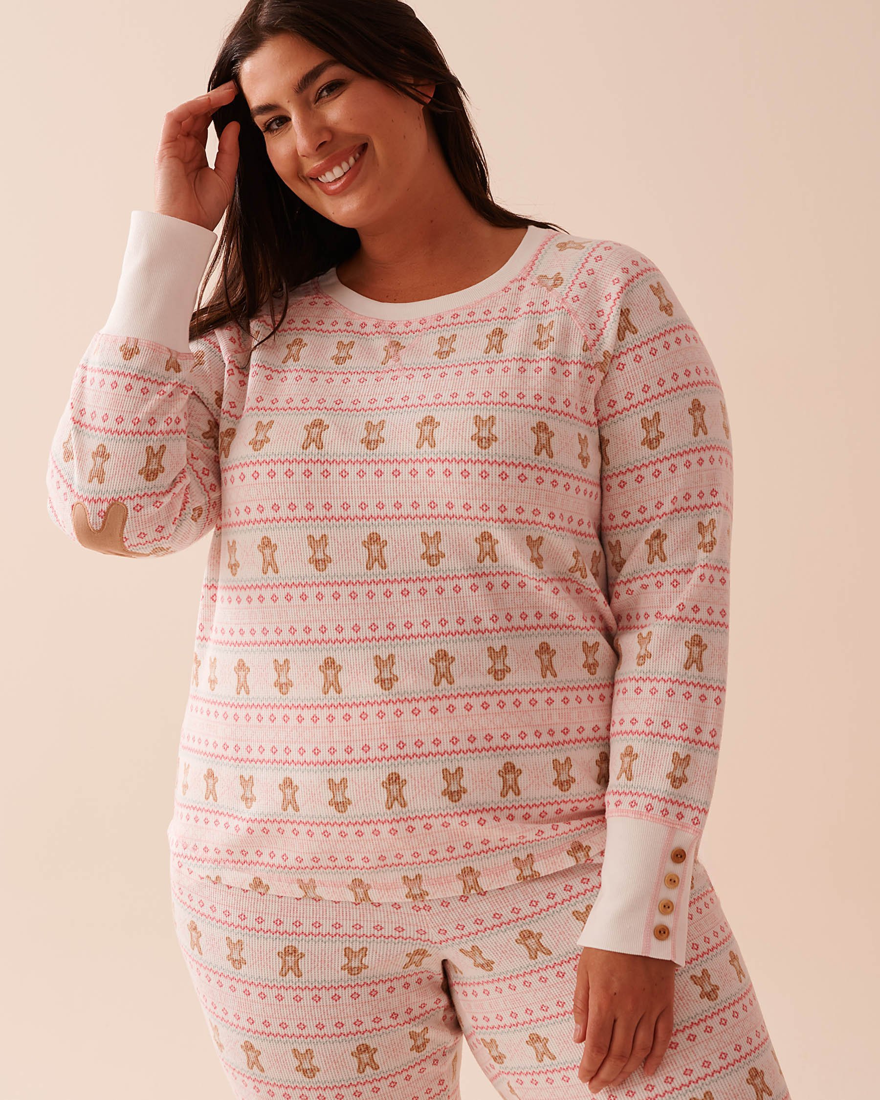 LA VIE EN ROSE Gingerbread Print Waffle Knit Long Sleeve Shirt Gingerbread/Fair Isle Print 40100641 - View5