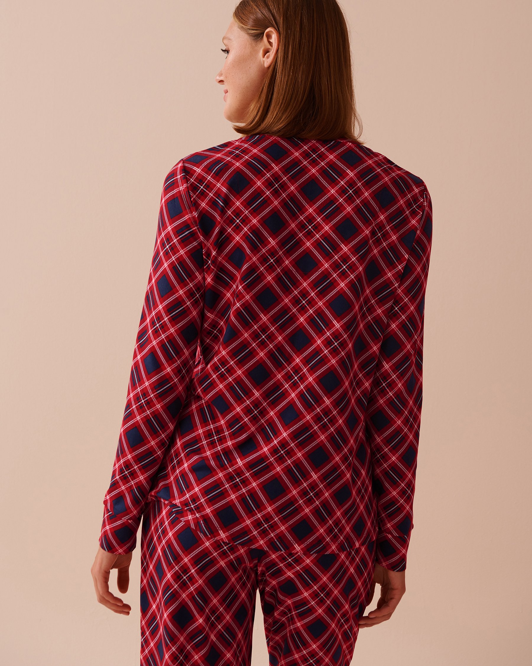 LA VIE EN ROSE Diagonal Plaid Super Soft V-neck Button-front Top Blue & Red Diagonal Plaid 40100648 - View2