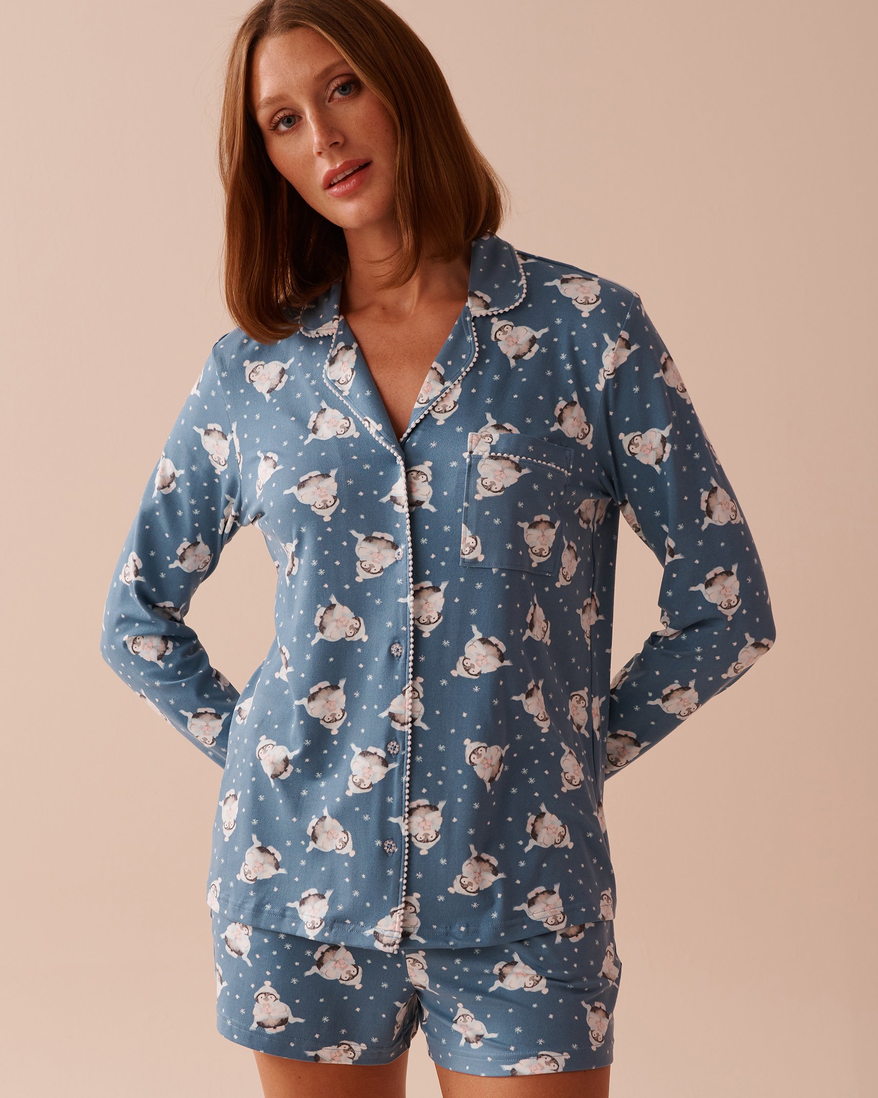 LA VIE EN ROSE Penguin Print Super Soft Button-down Shirt Penguin/Blue 40100650 - View1