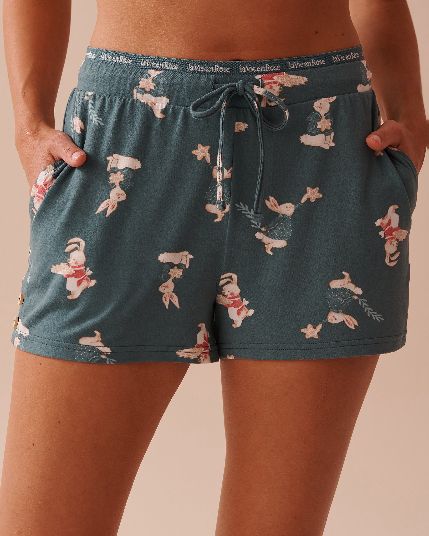 LA VIE EN ROSE Rabbit Print Super Soft Pajama Shorts Rabbit/Forest Green 40200647 - View3