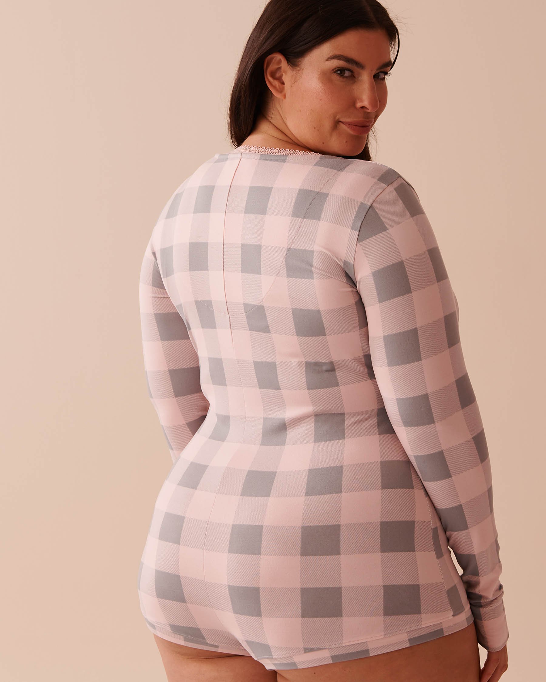 LA VIE EN ROSE Pink Plaid Super Soft Long Sleeve Romper Fairy Pink Plaid 40300050 - View2