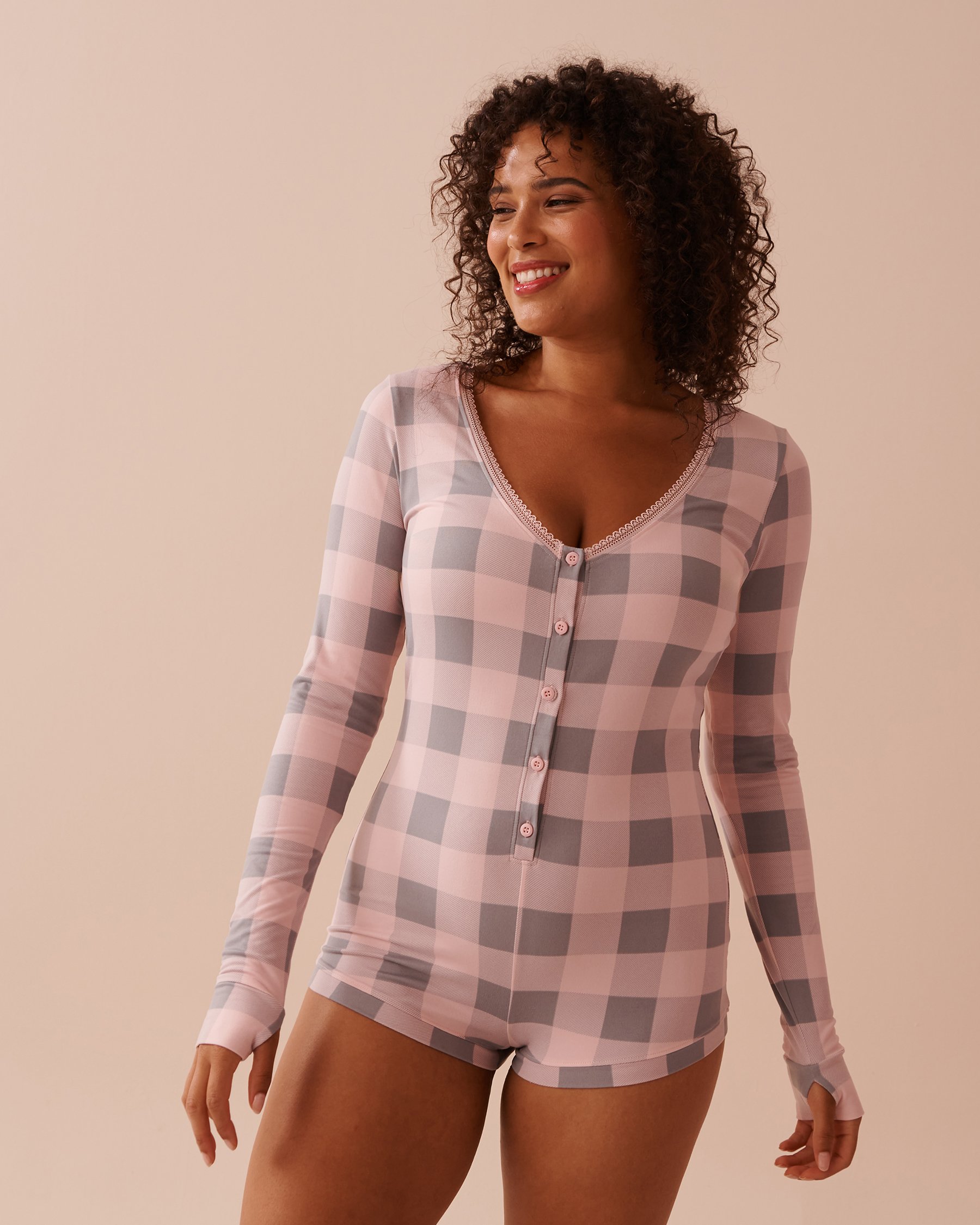LA VIE EN ROSE Pink Plaid Super Soft Long Sleeve Romper Fairy Pink Plaid 40300050 - View5
