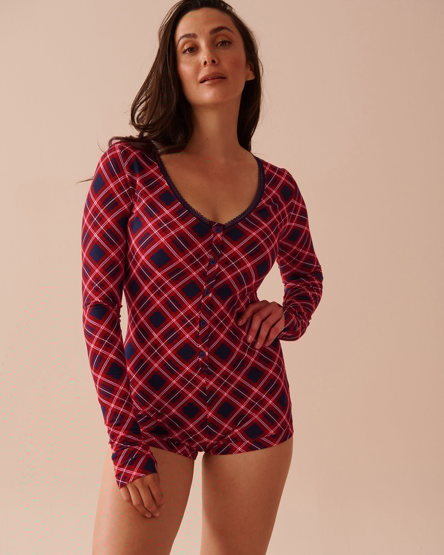 LA VIE EN ROSE Diagonal Plaid Super Soft Long Sleeve Romper Blue & Red Diagonal Plaid 40300052 - View1