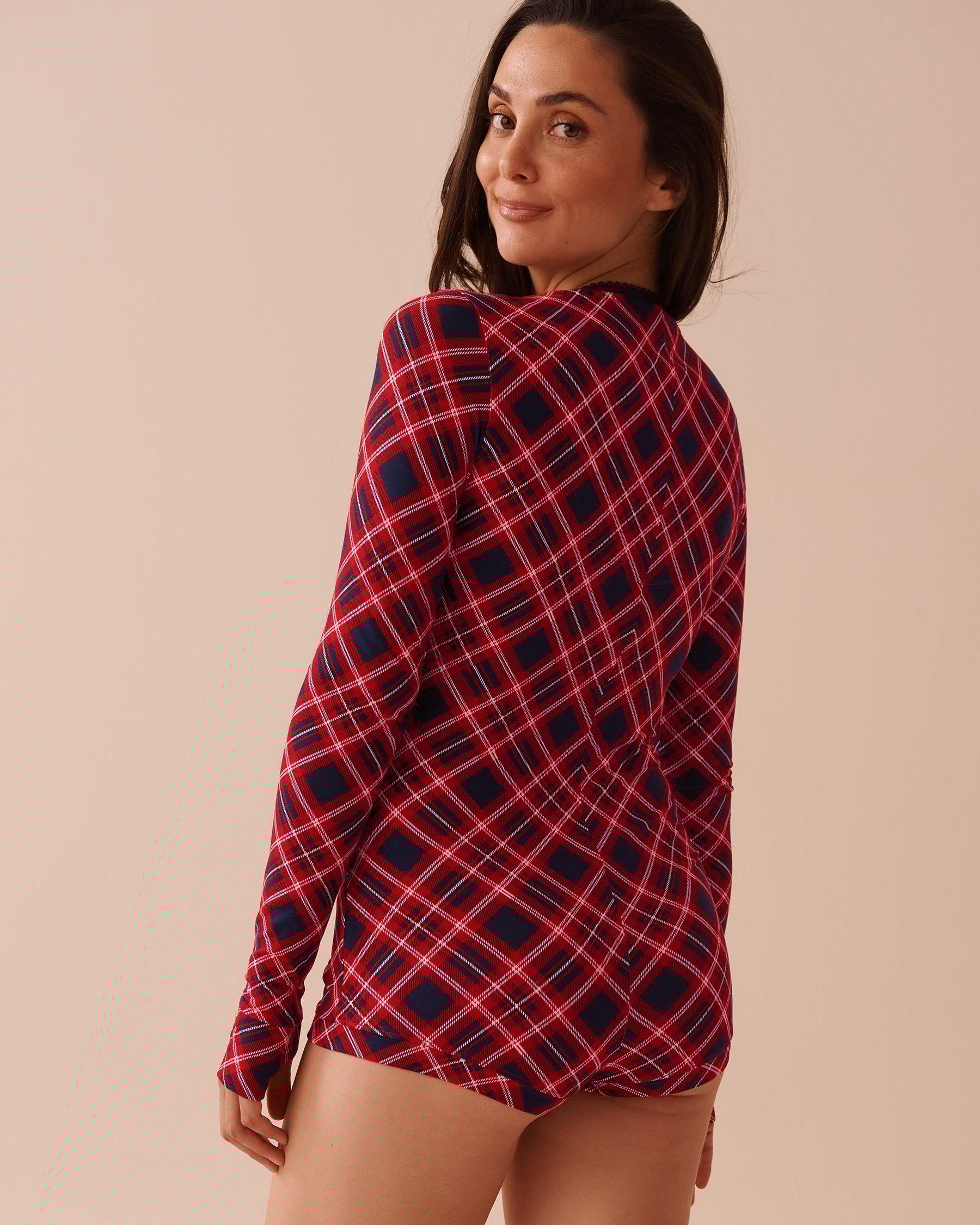 LA VIE EN ROSE Diagonal Plaid Super Soft Long Sleeve Romper Blue & Red Diagonal Plaid 40300052 - View2