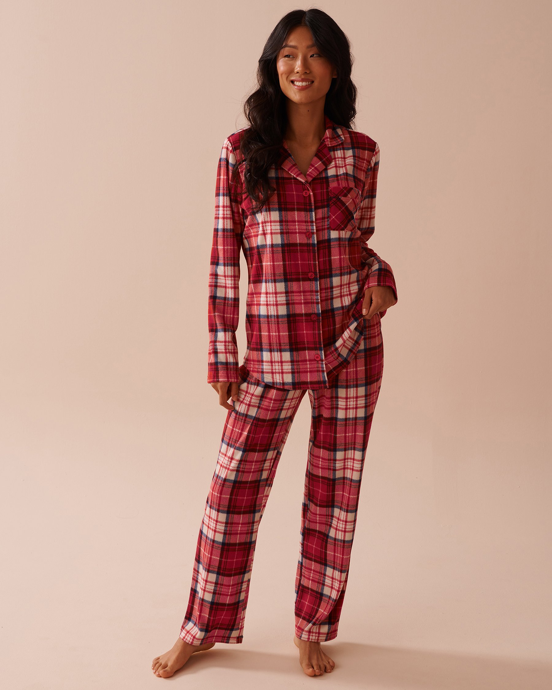 LA VIE EN ROSE Red Plaid Micropolar PJ Set Red & Beige Plaid 40400074 - View1