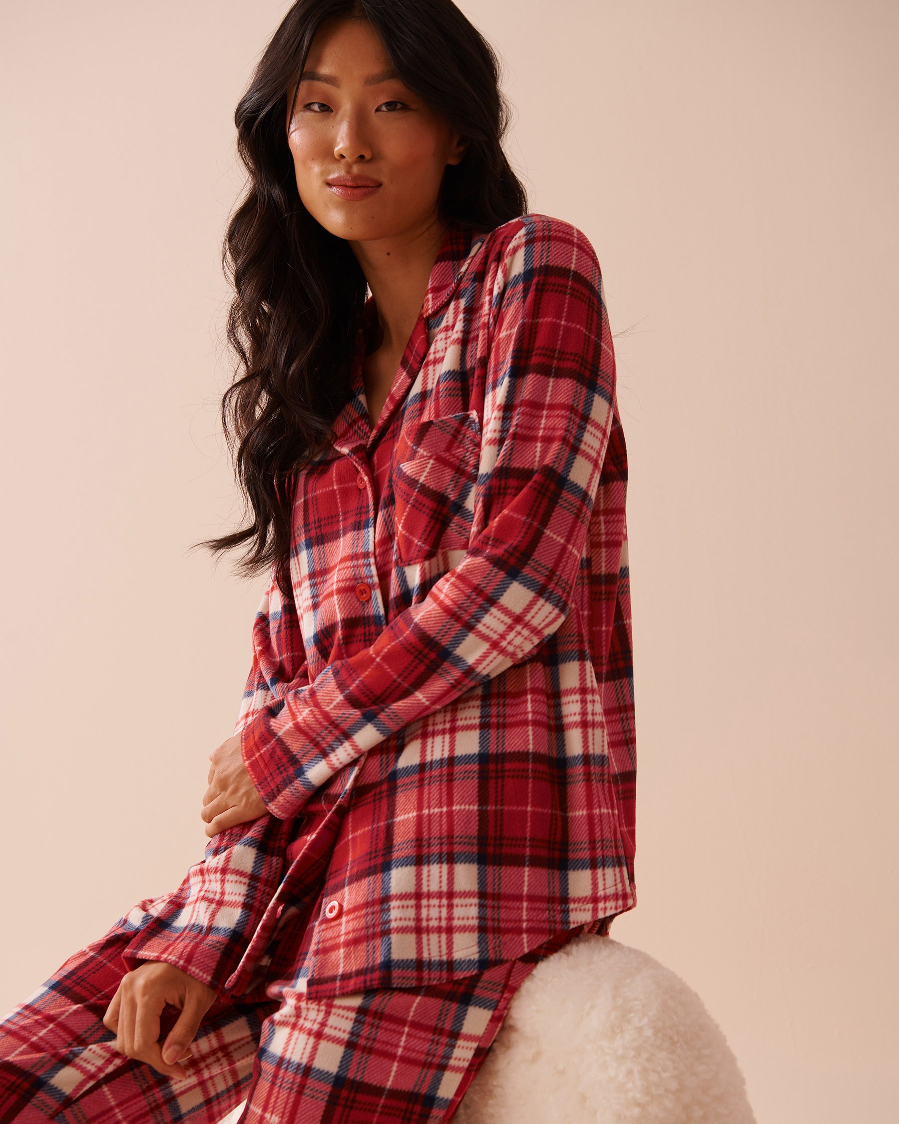 LA VIE EN ROSE Red Plaid Micropolar PJ Set Red & Beige Plaid 40400074 - View4