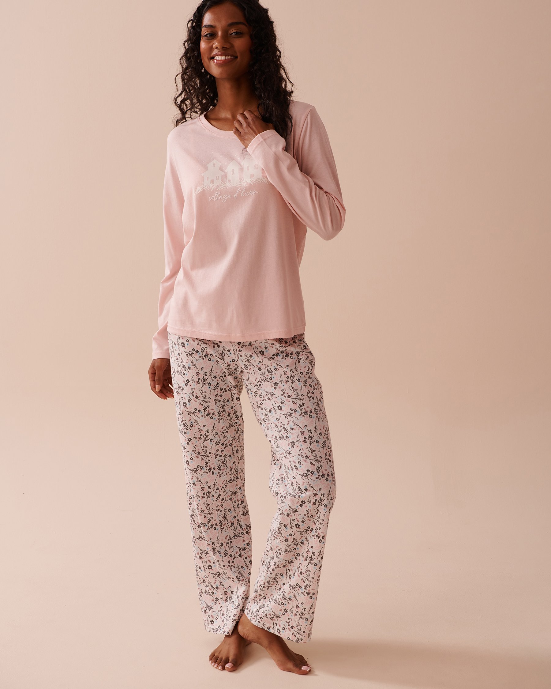 LA VIE EN ROSE Winter Flowers Print Cotton PJ Set Pink Winter Flowers 40400075 - View2