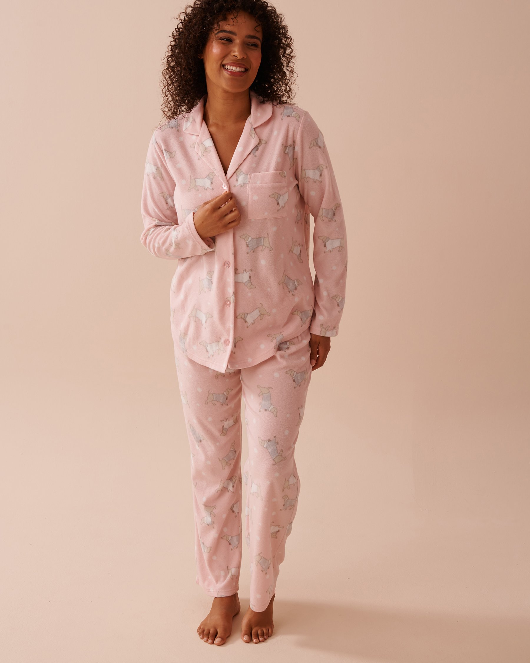 LA VIE EN ROSE Dachshund Print Micropolar PJ Set Dachshund/Fairy Pink 40400074 - View4
