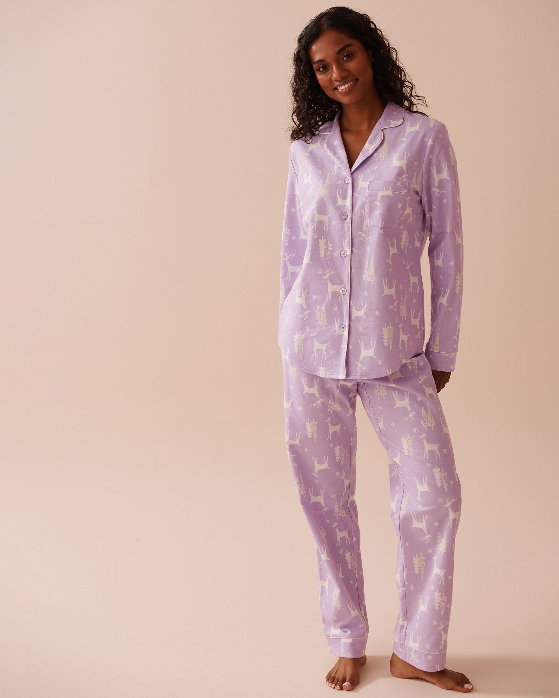 LA VIE EN ROSE Deer Print Flannel PJ Set Deer/Lilac 40400073 - View2