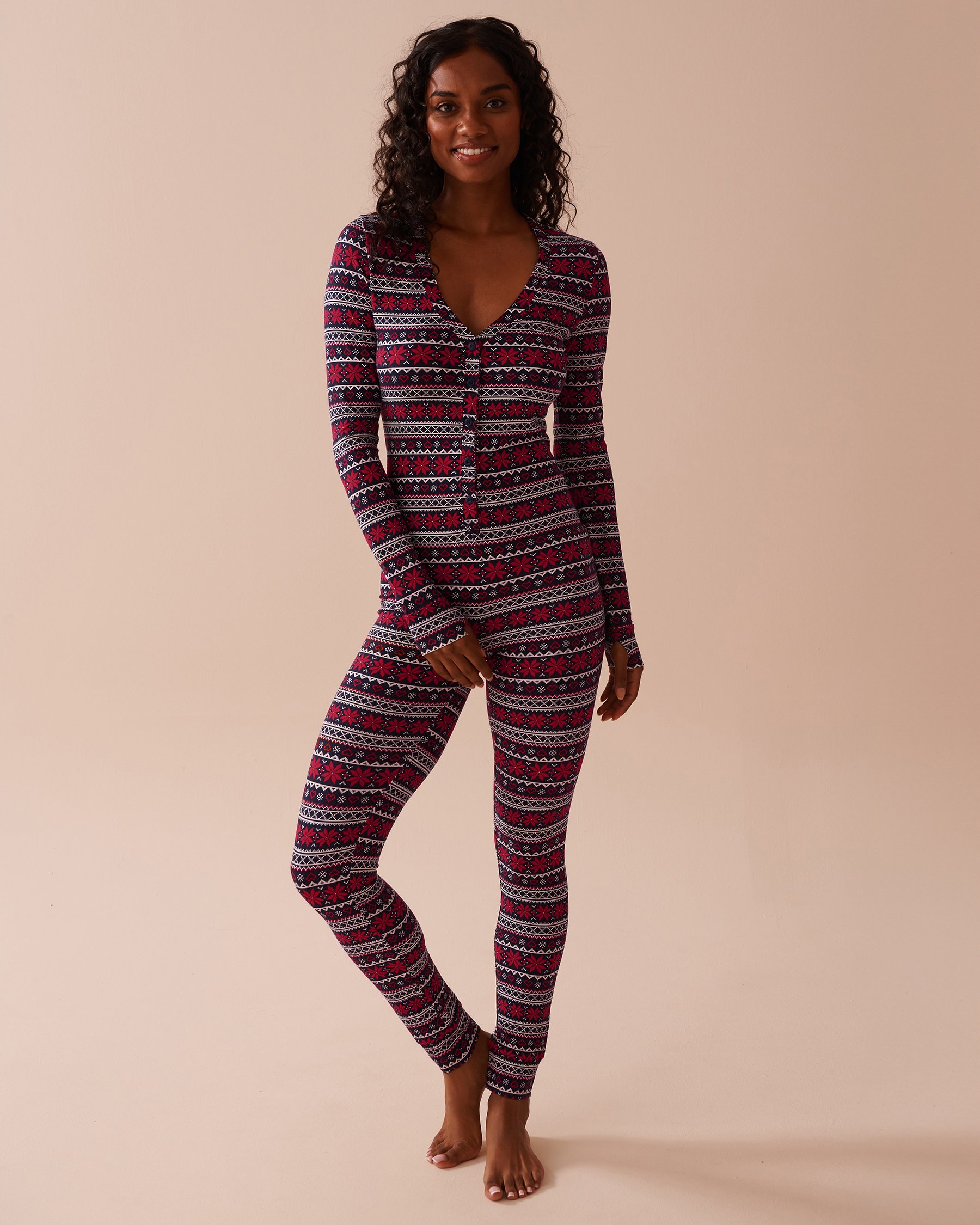 LA VIE EN ROSE Fair Isle Print Super Soft Jumpsuit Red Fair Isle Print 40300051 - View1
