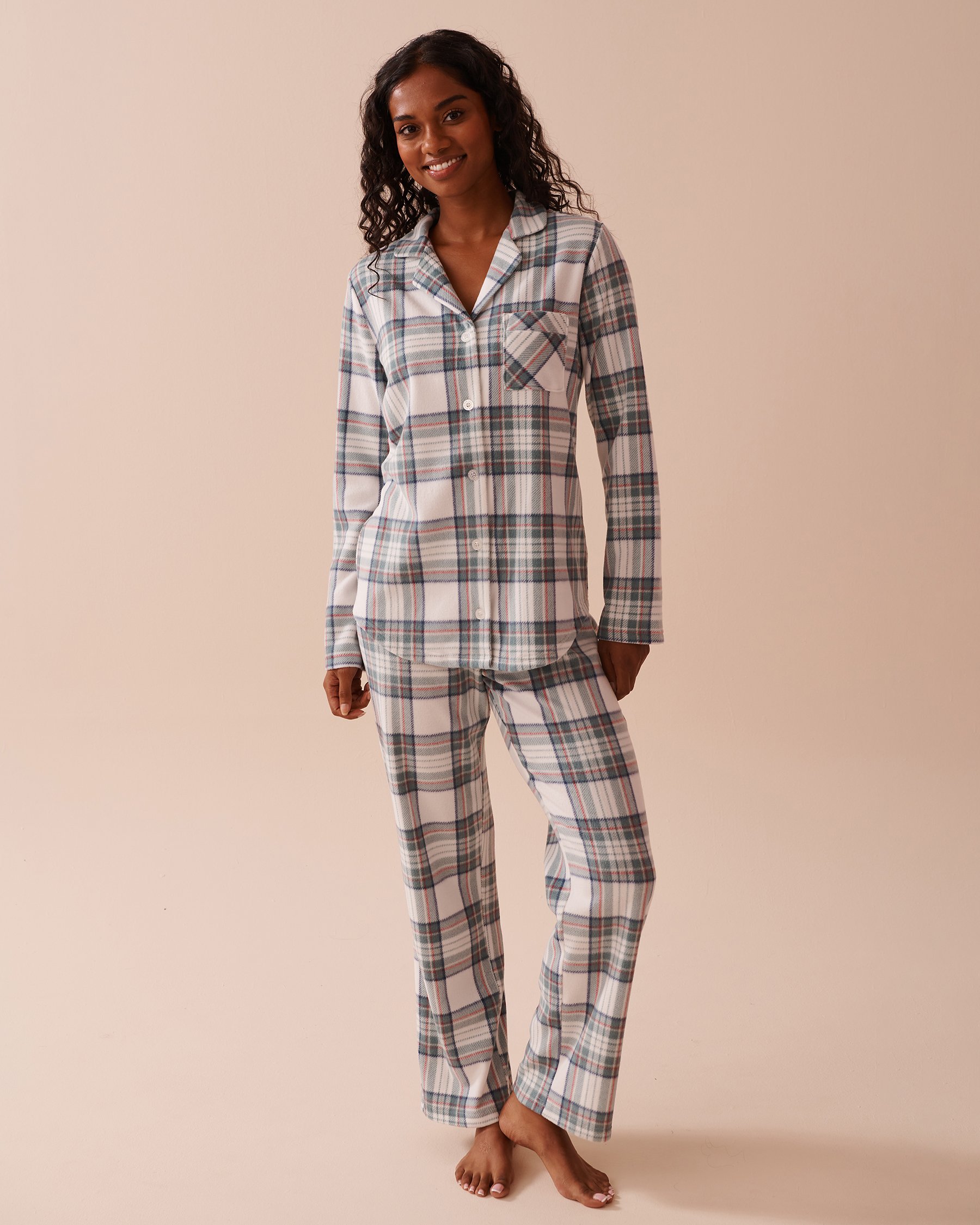 LA VIE EN ROSE Green Plaid Micropolar PJ Set Green & White Plaid 40400074 - View1
