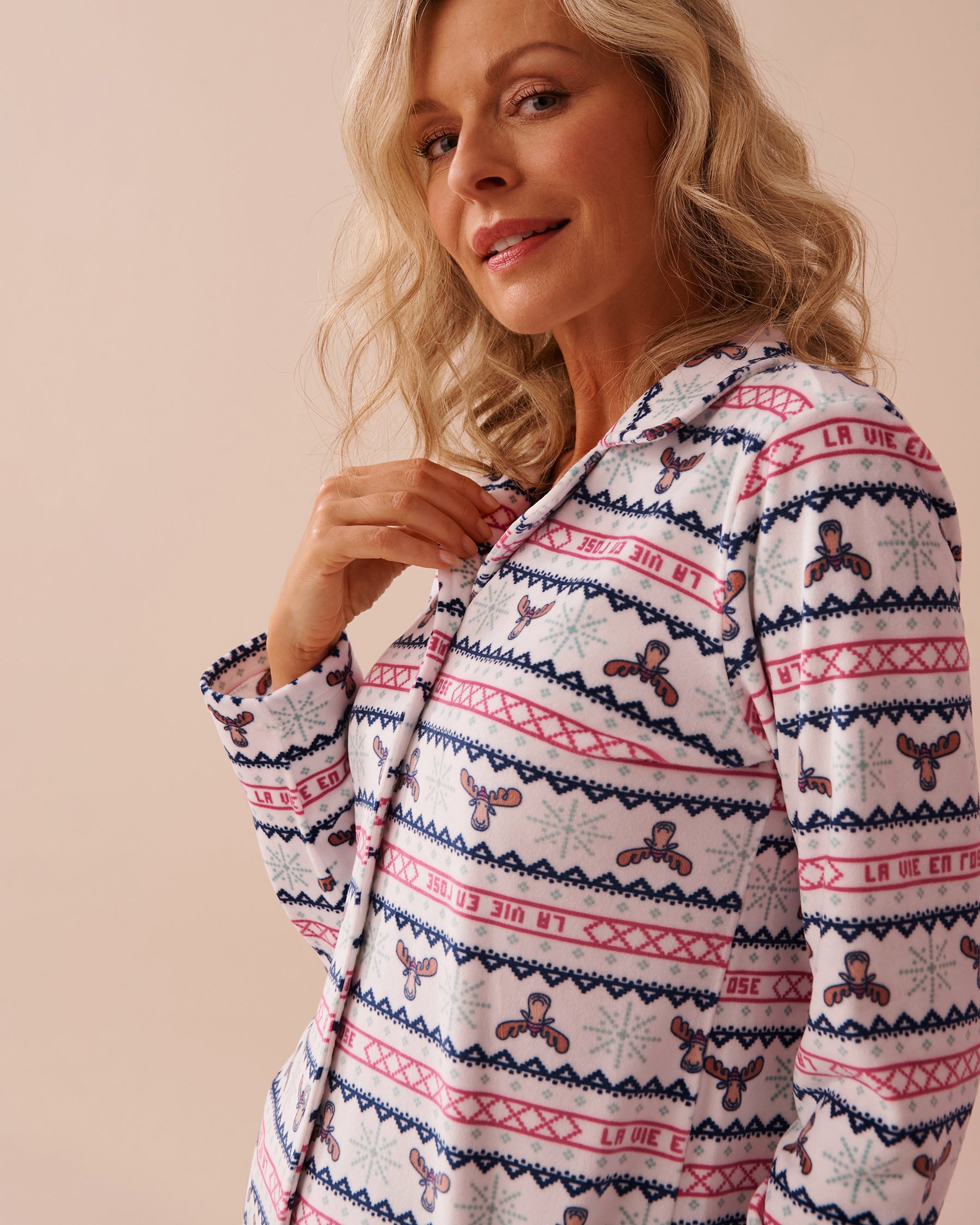 LA VIE EN ROSE Moose Fair Isle Print Soft Velour Button-down Shirt Moose/Fair Isle Print 40100639 - View3