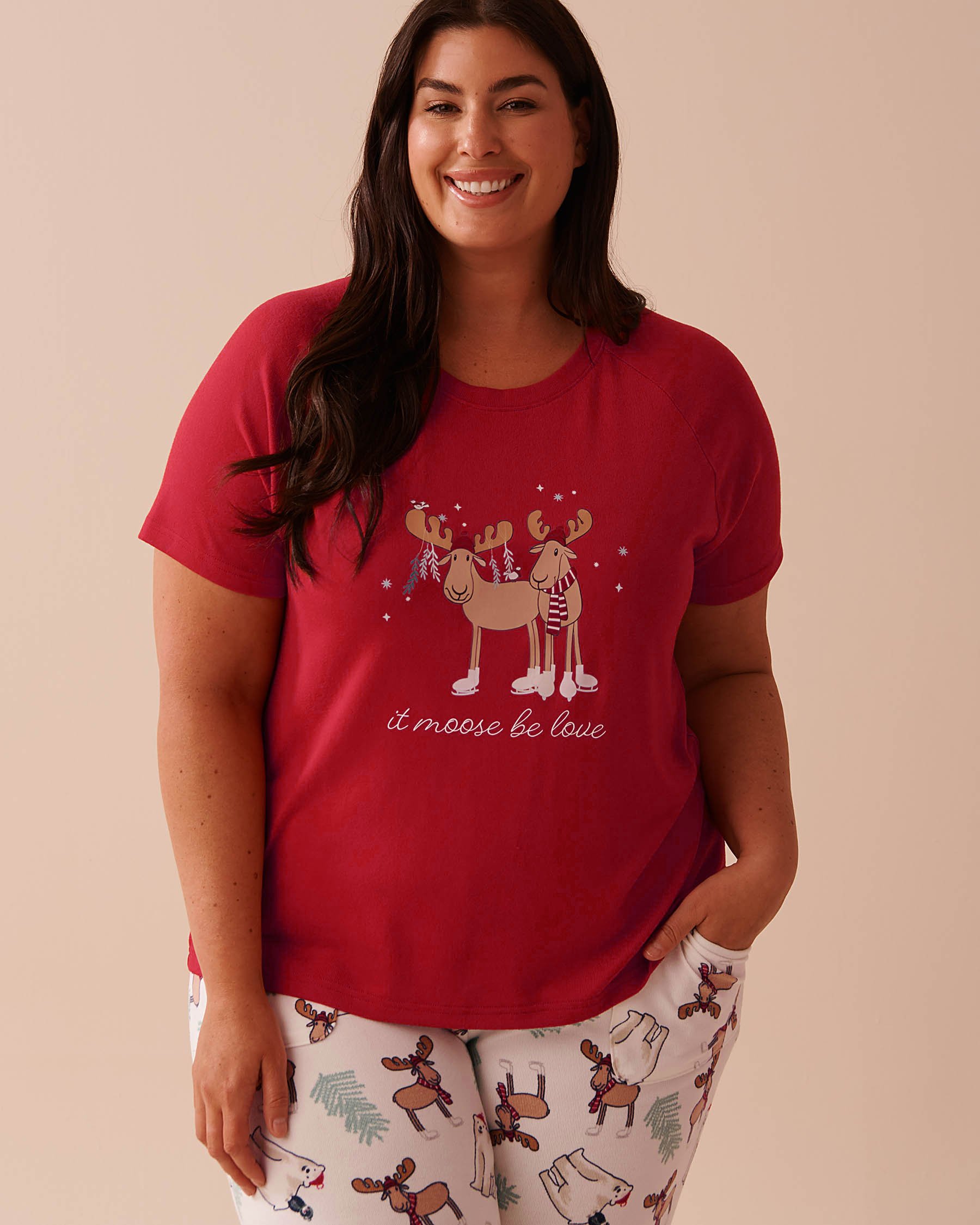 LA VIE EN ROSE Moose Print Recycled Fibers T-shirt Candy Cane Red 40100666 - View4